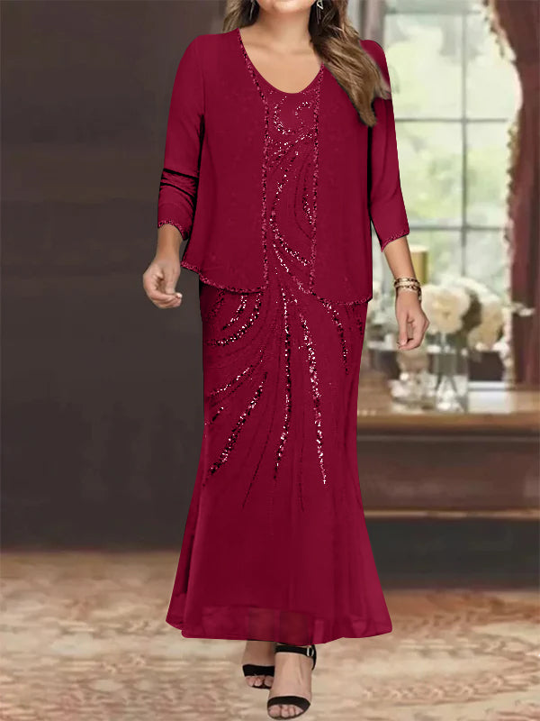 Plus Size V-Neck Ankle-Length Sheath/Column Mother of the Bride Dresses with Sequins & Jacket