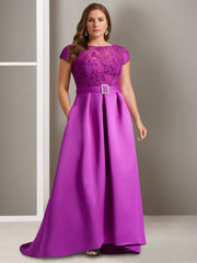 Asymmetrical A-Line Mother of the Bride Dress with Scoop Neck and Short Sleeves