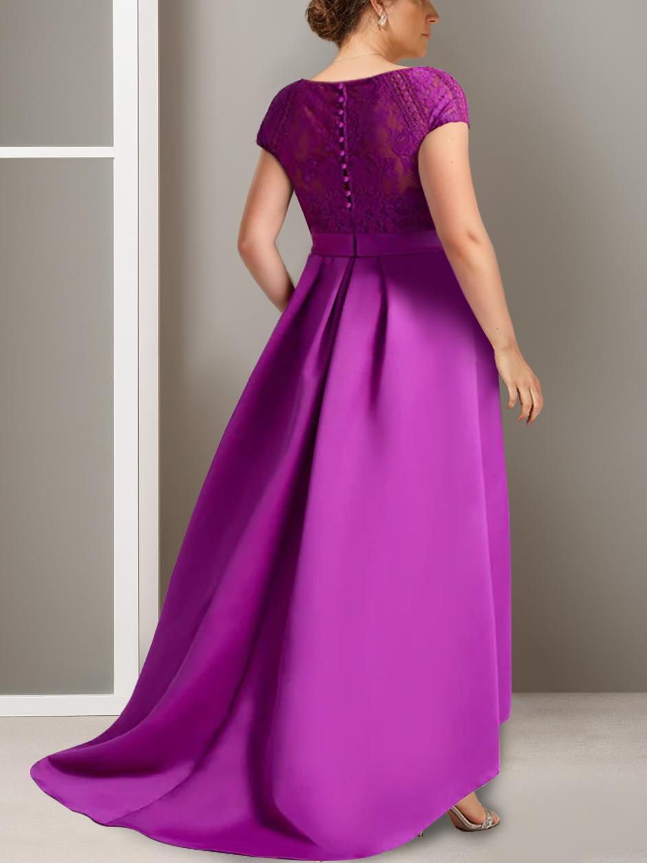 Plus Size Asymmetrical A-Line Princess Scoop Neck Mother of the Bride Dress with Appliques and Short Sleeves