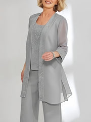 Ankle-Length Chiffon Mother of the Bride Pantsuit with Jacket in Scoop Style
