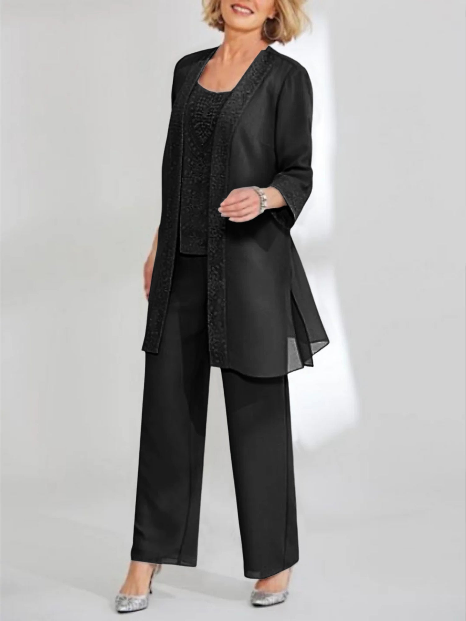 Ankle-Length Chiffon Mother of the Bride Pantsuit with Jacket in Scoop Style