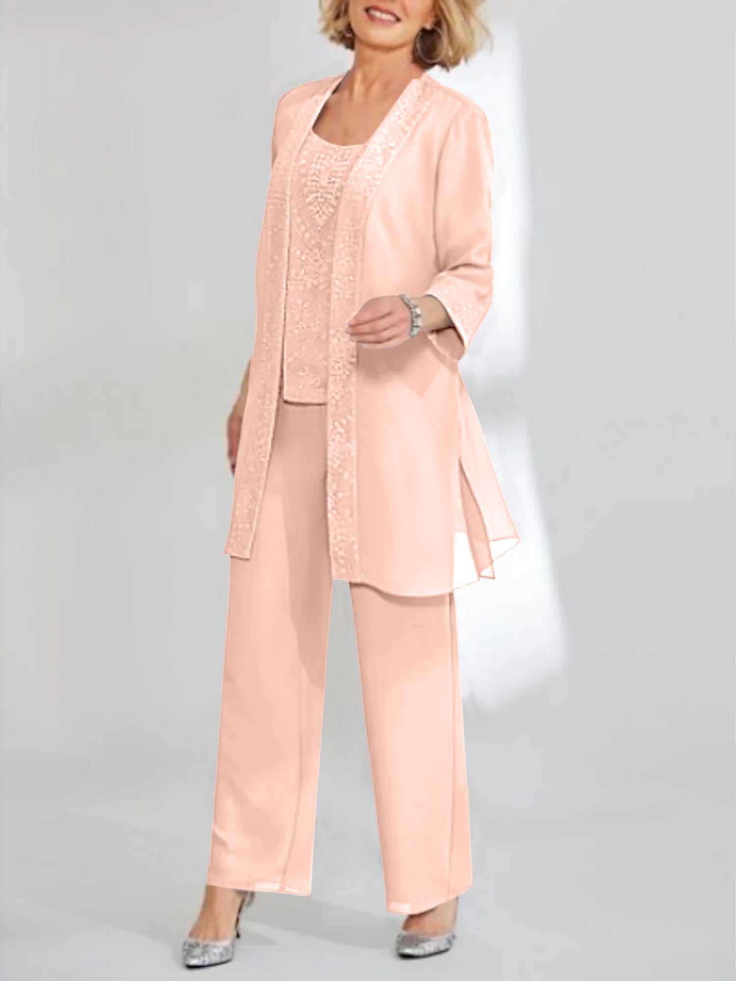 Ankle-Length Chiffon Mother of the Bride Pantsuit with Jacket in Scoop Style