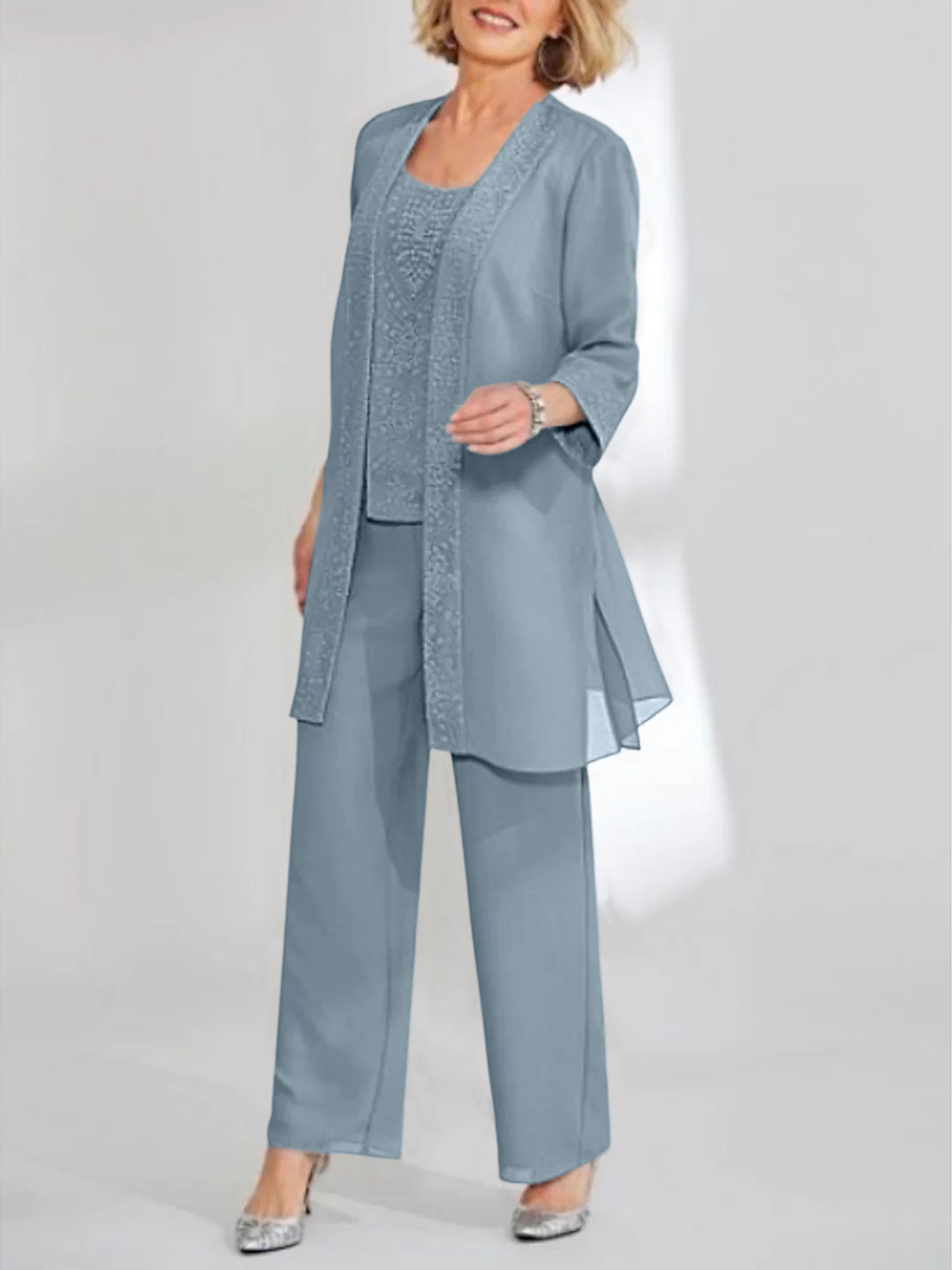 Ankle-Length Chiffon Mother of the Bride Pantsuit with Jacket in Scoop Style