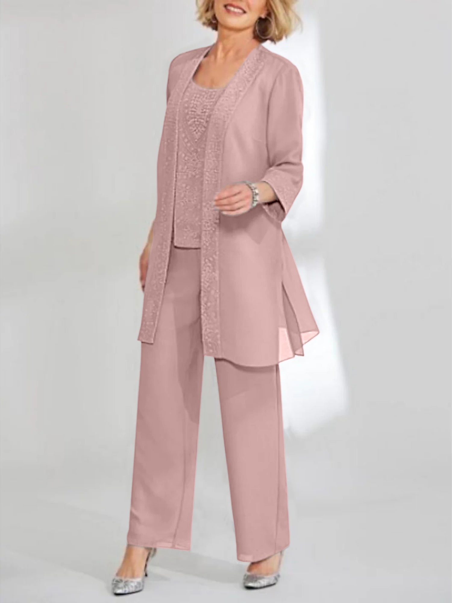 Ankle-Length Chiffon Mother of the Bride Pantsuit with Jacket in Scoop Style