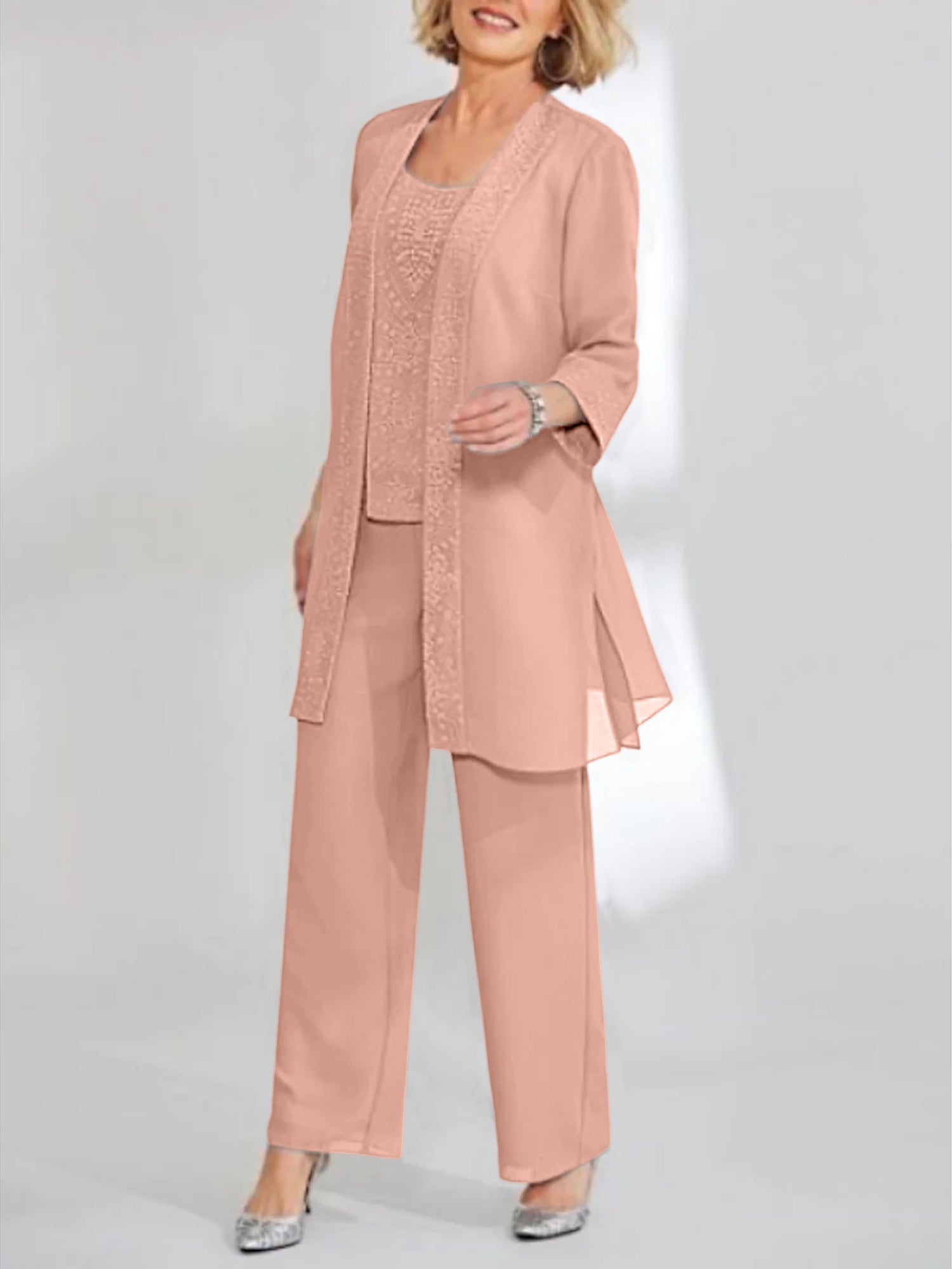 Ankle-Length Chiffon Mother of the Bride Pantsuit with Jacket in Scoop Style