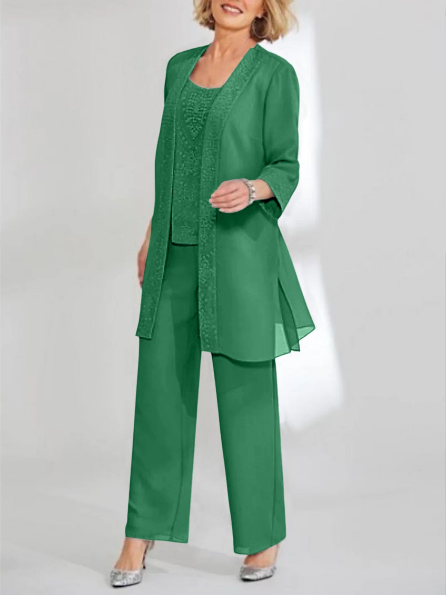Ankle-Length Chiffon Mother of the Bride Pantsuit with Jacket in Scoop Style
