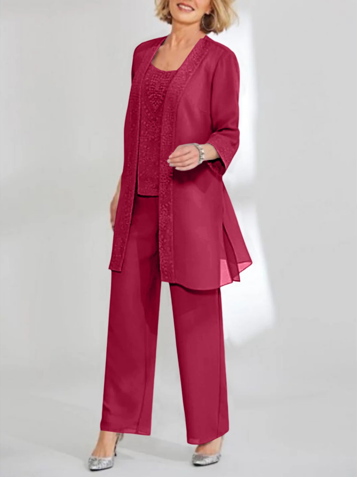 Ankle-Length Chiffon Mother of the Bride Pantsuit with Jacket in Scoop Style