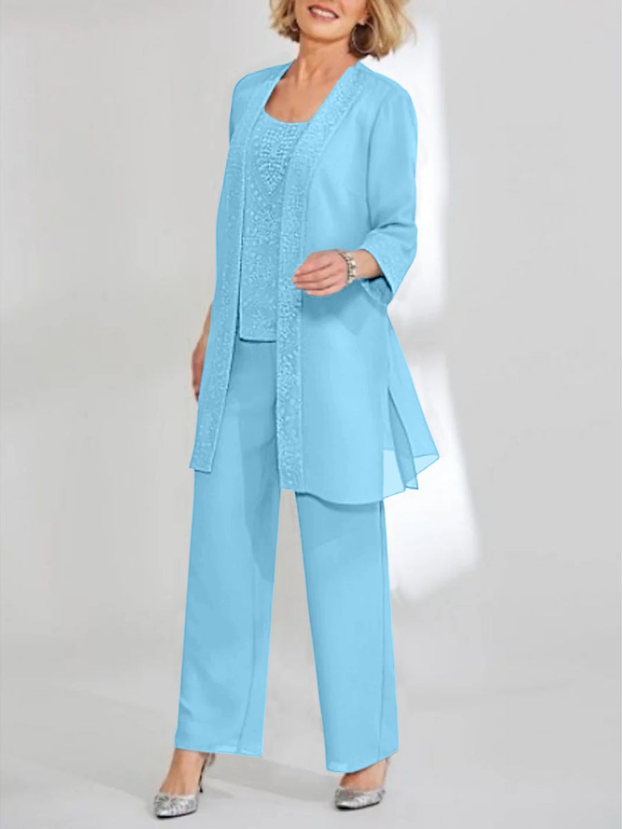 Ankle-Length Chiffon Mother of the Bride Pantsuit with Jacket in Scoop Style