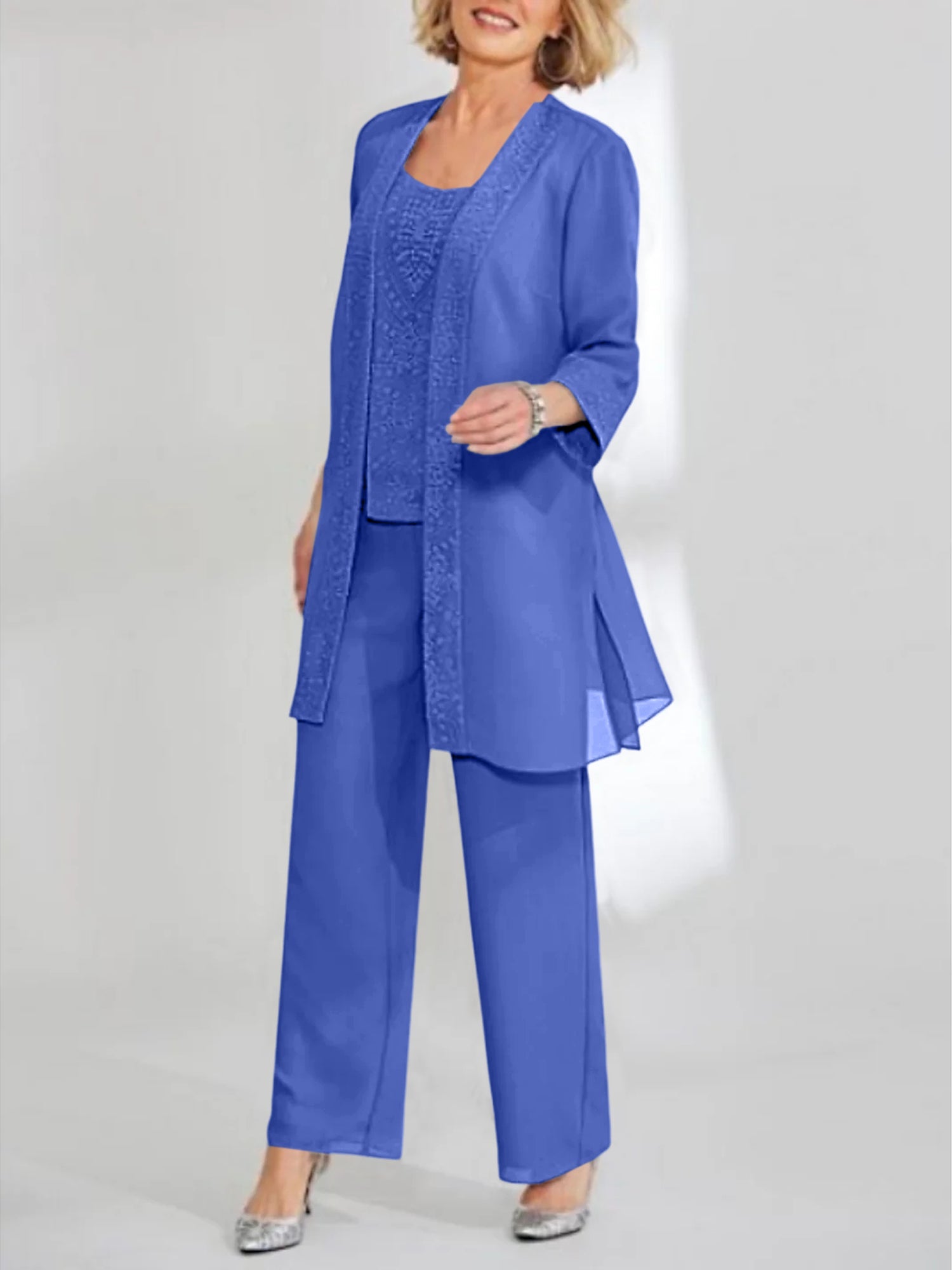 Ankle-Length Chiffon Mother of the Bride Pantsuit with Jacket in Scoop Style