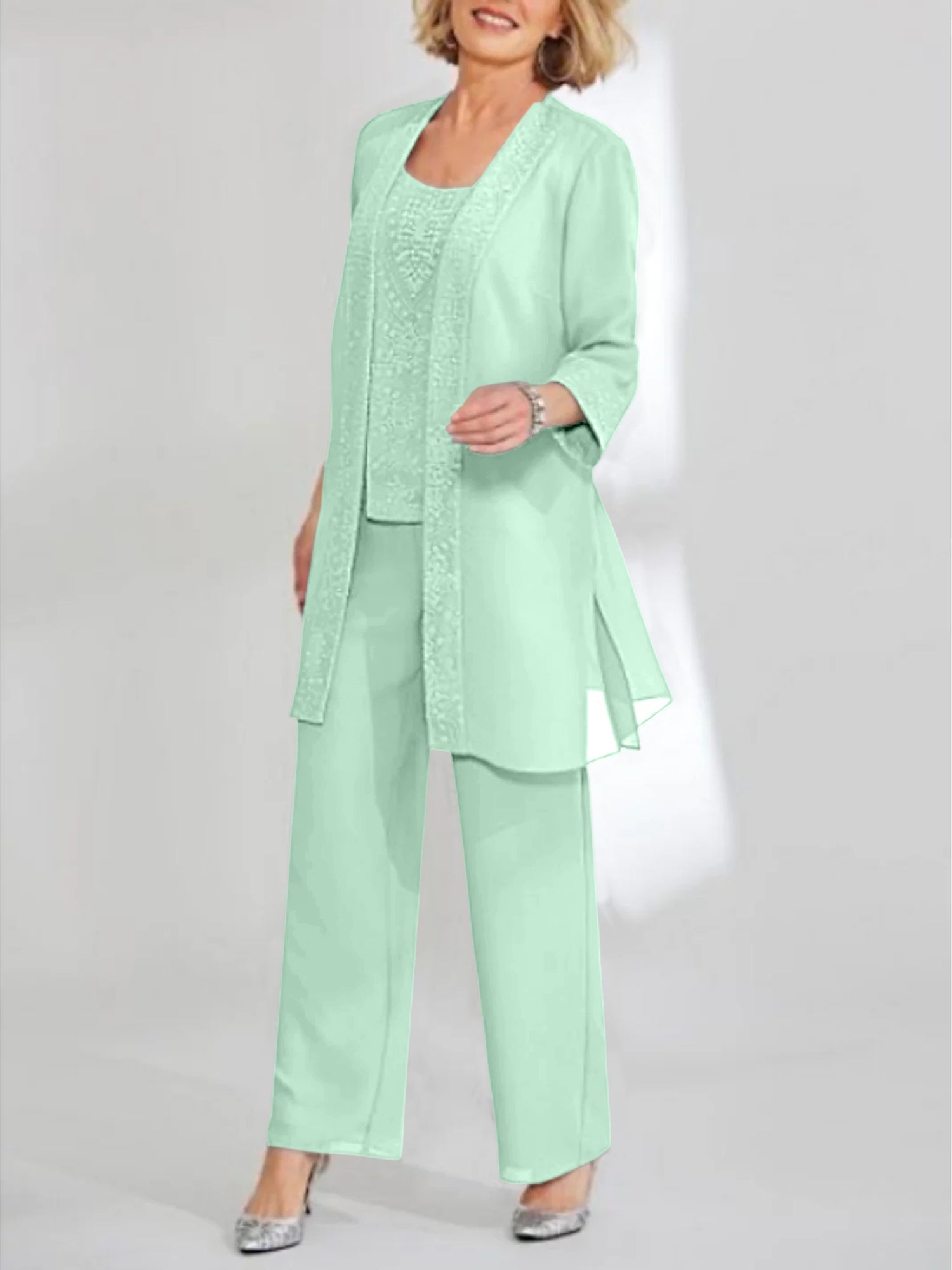 Ankle-Length Chiffon Mother of the Bride Pantsuit with Jacket in Scoop Style