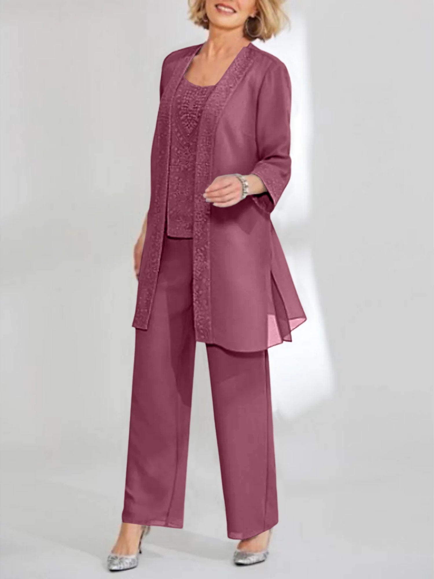 Ankle-Length Chiffon Mother of the Bride Pantsuit with Jacket in Scoop Style