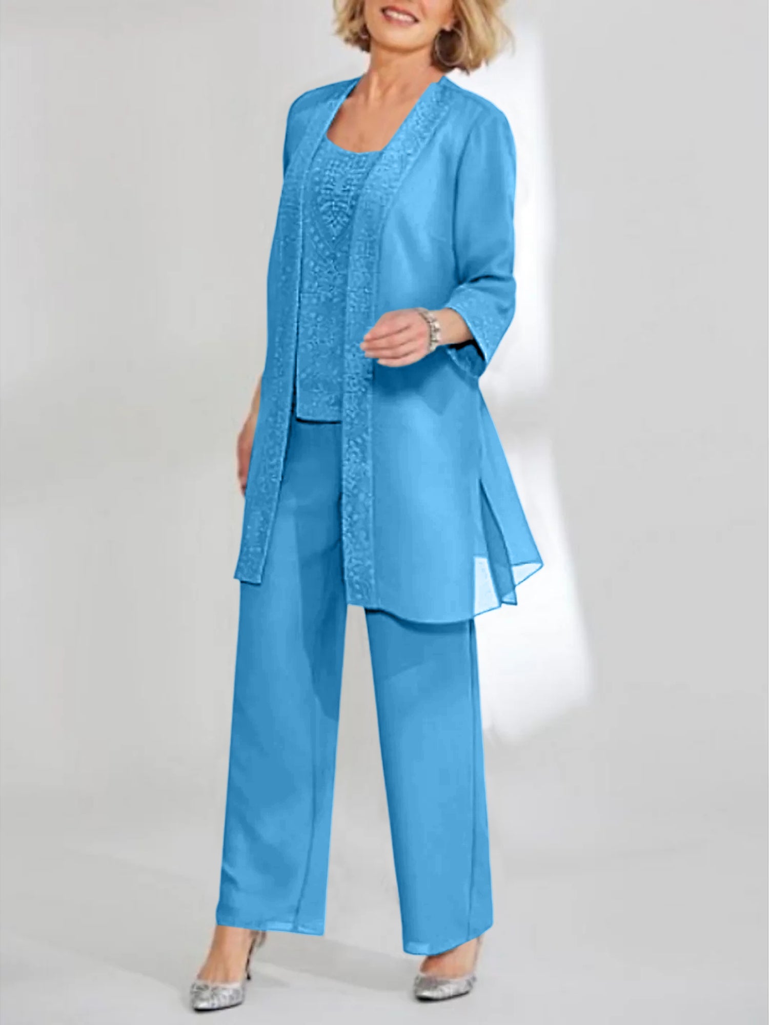 Ankle-Length Chiffon Mother of the Bride Pantsuit with Jacket in Scoop Style