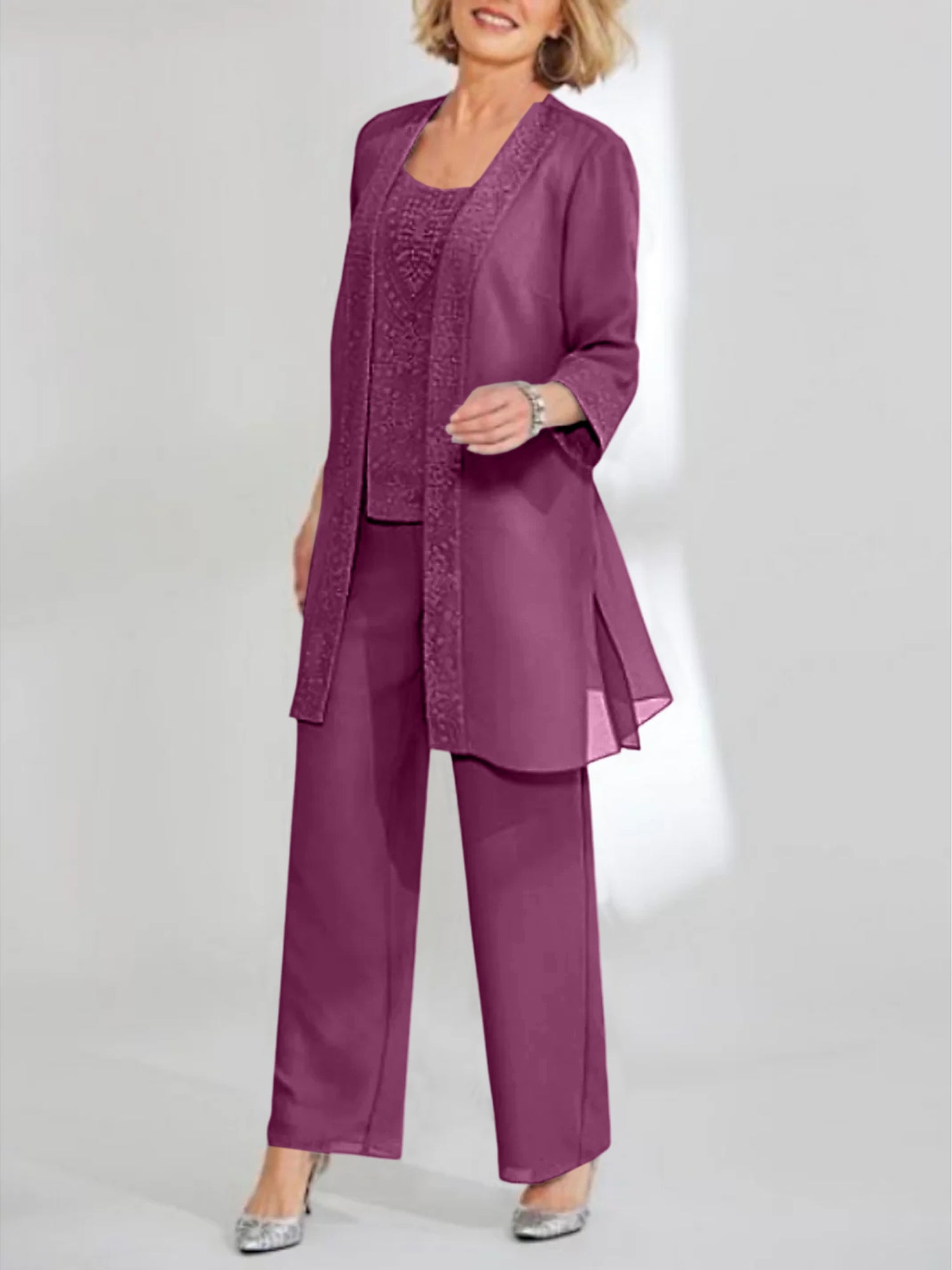 Ankle-Length Chiffon Mother of the Bride Pantsuit with Jacket in Scoop Style