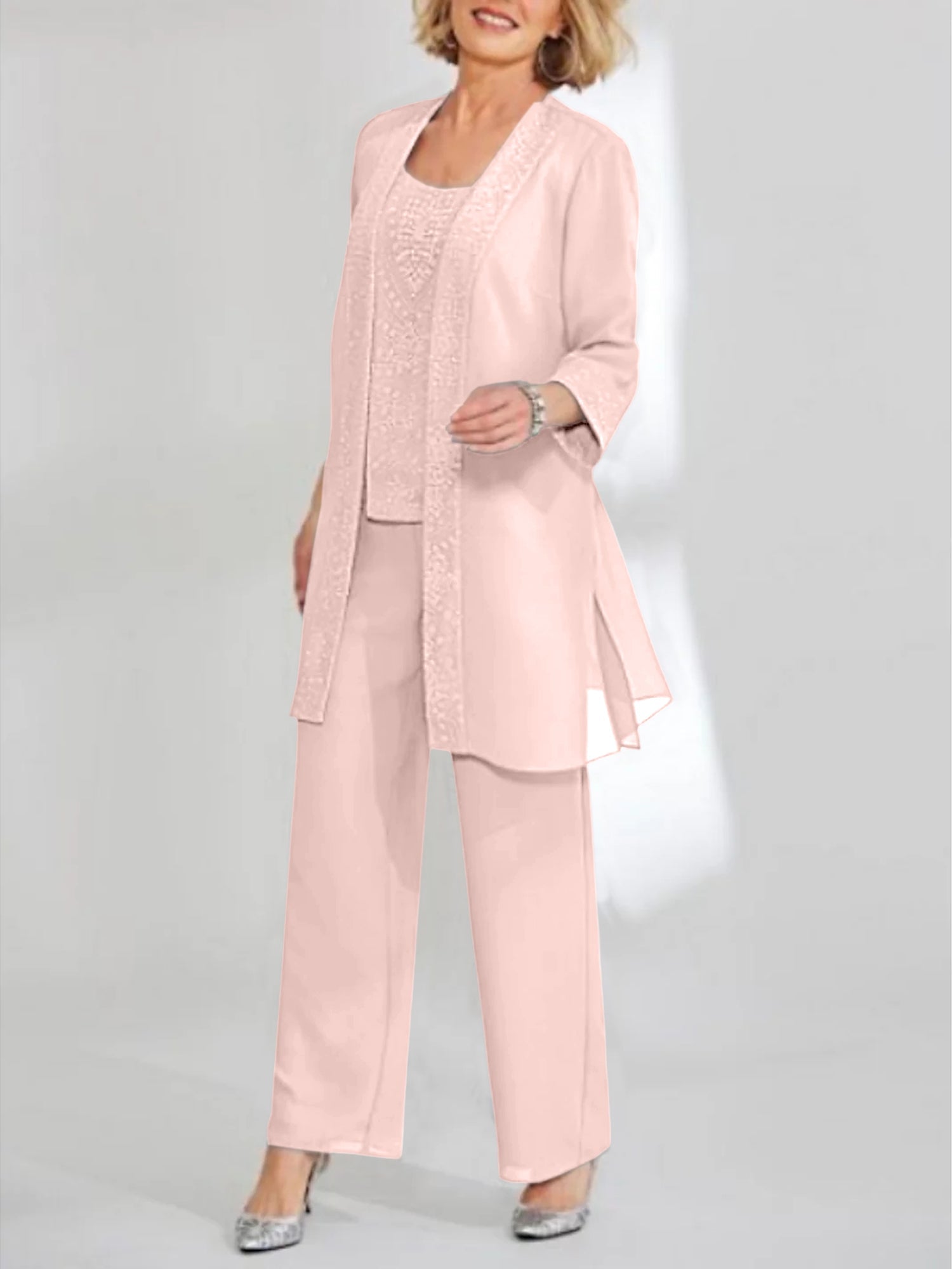 Ankle-Length Chiffon Mother of the Bride Pantsuit with Jacket in Scoop Style