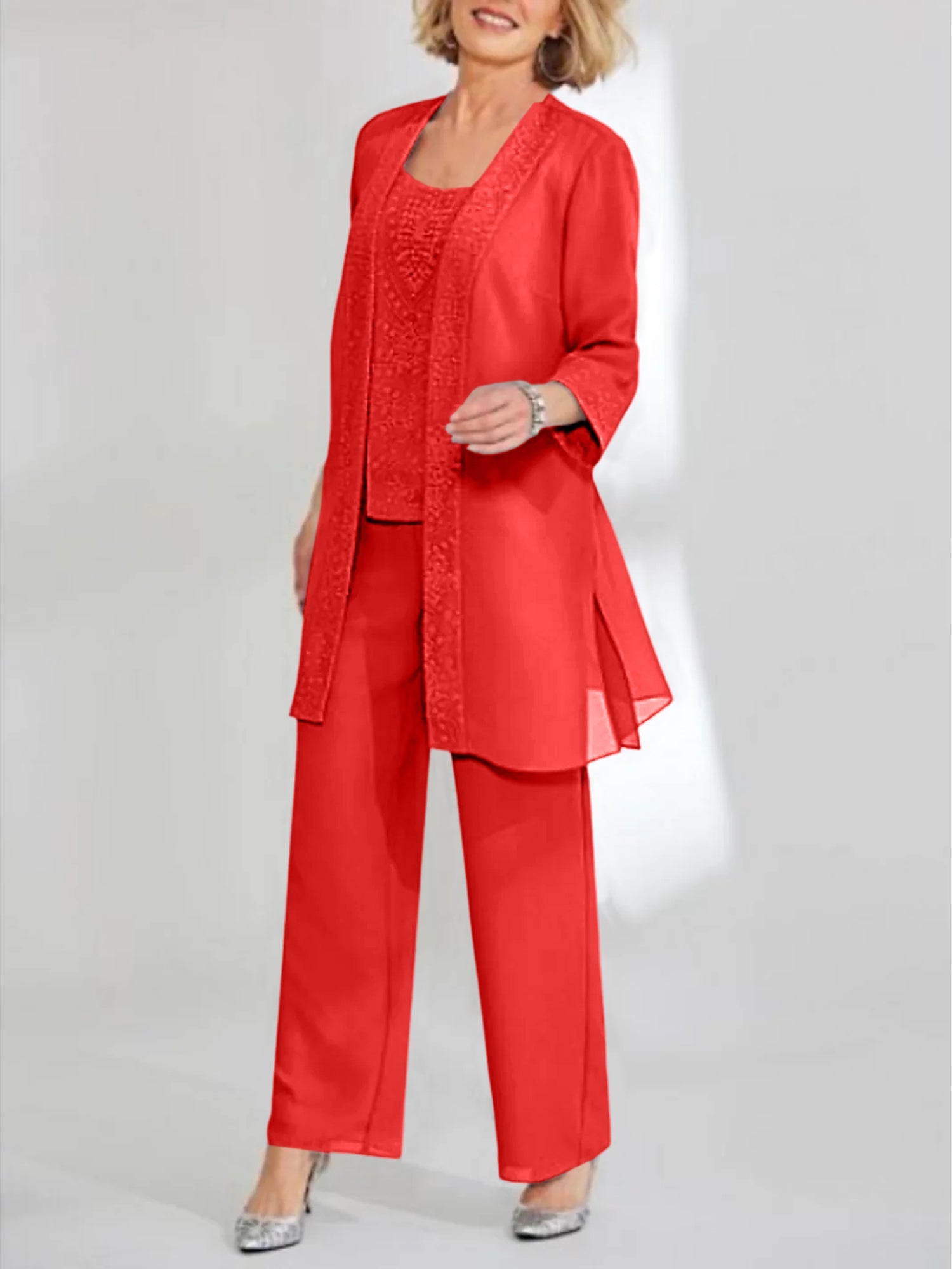 Ankle-Length Chiffon Mother of the Bride Pantsuit with Jacket in Scoop Style