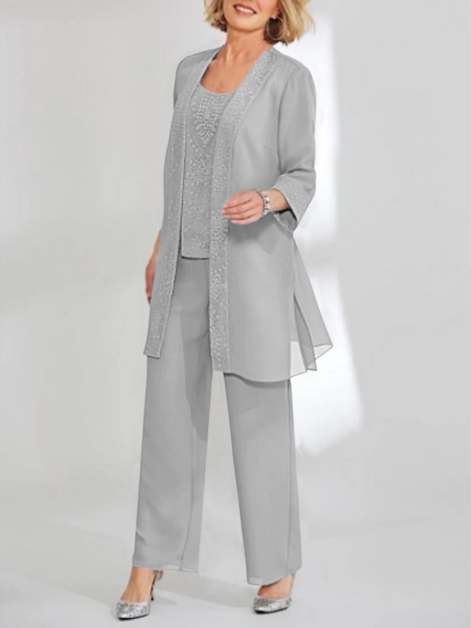 Ankle-Length Chiffon Mother of the Bride Pantsuit with Jacket in Scoop Style