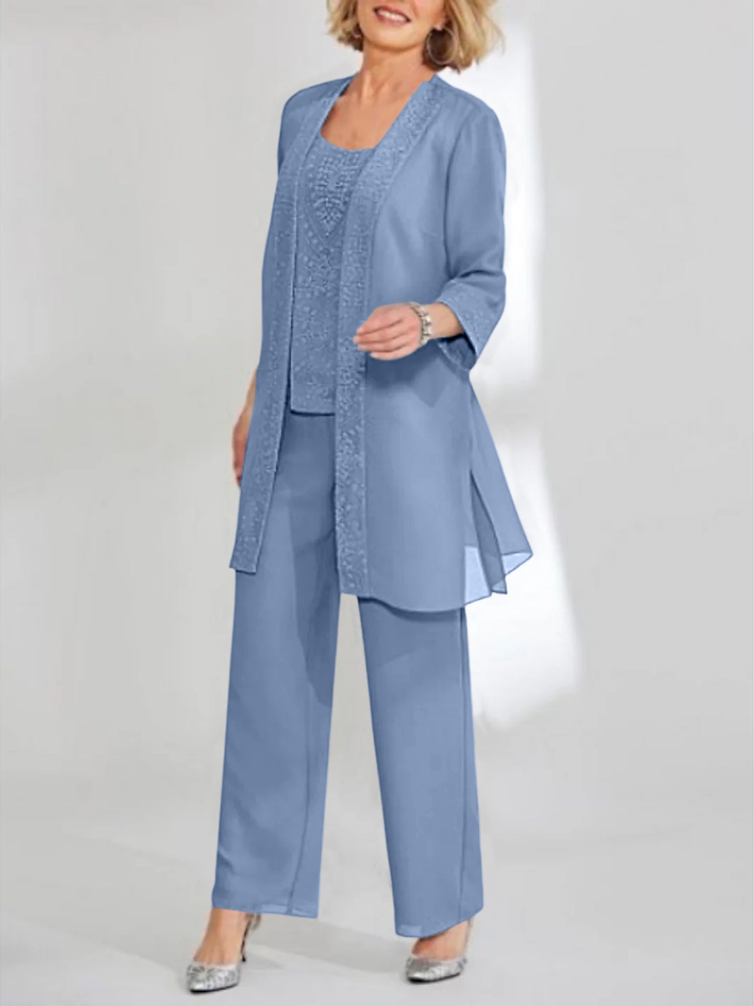 Ankle-Length Chiffon Mother of the Bride Pantsuit with Jacket in Scoop Style