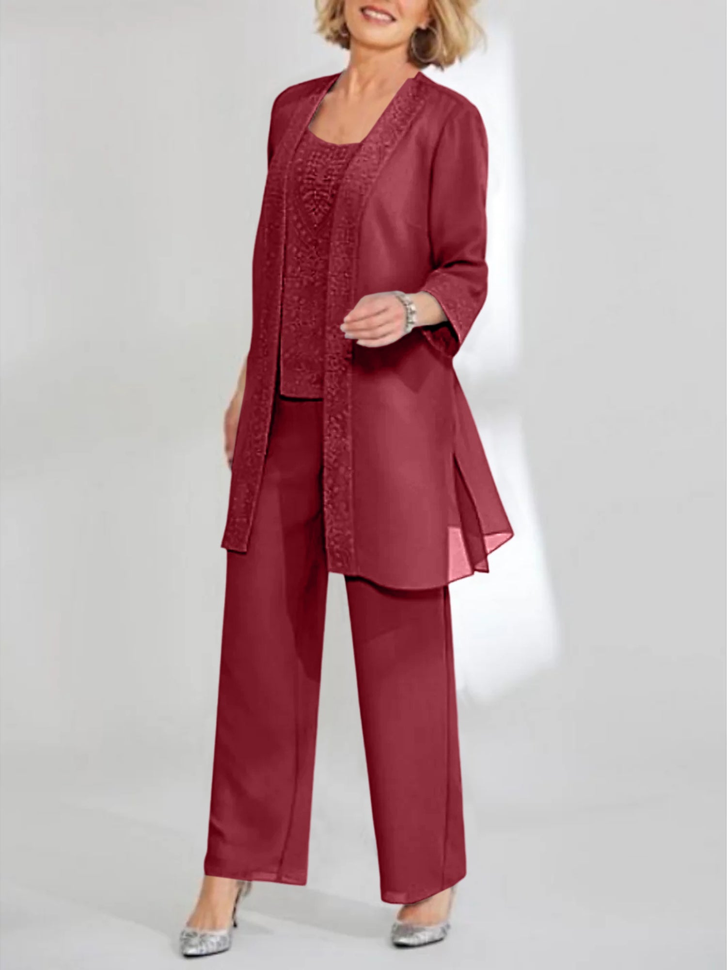 Ankle-Length Chiffon Mother of the Bride Pantsuit with Jacket in Scoop Style