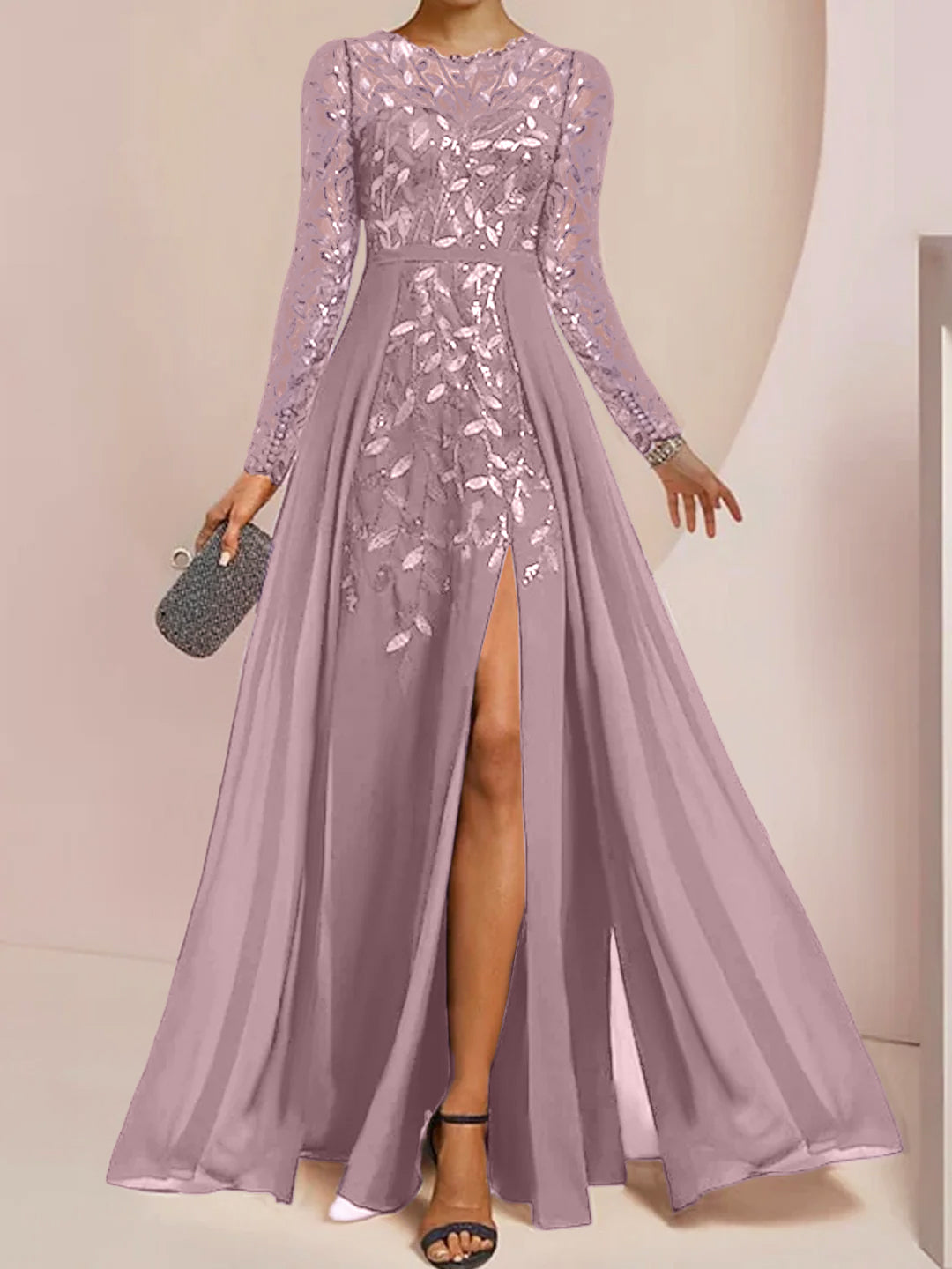 Floor-Length Mother of the Bride A-Line Dress with Scoop Neck Long Sleeves Side Split Ruffles and Sequins