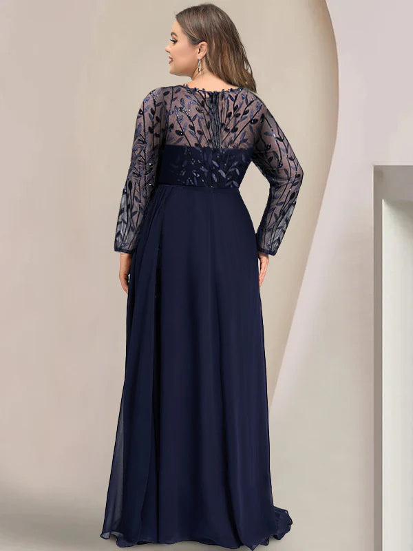 Floor-Length Mother of the Bride A-Line Dress with Scoop Neck Long Sleeves Side Split Ruffles and Sequins