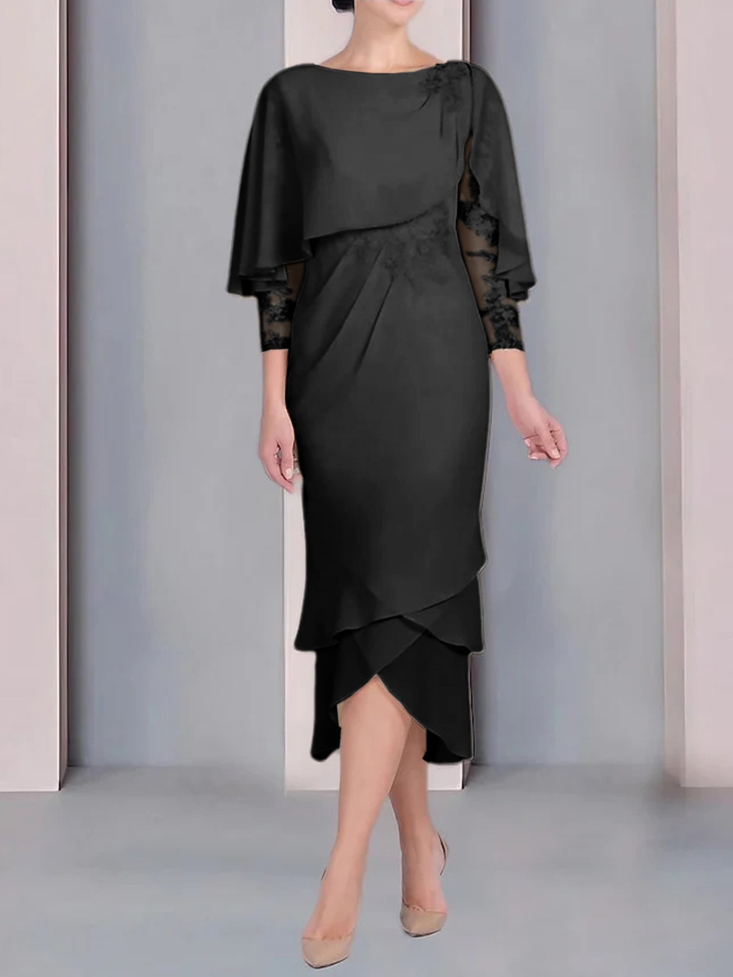 Tea-Length Mother of the Bride Dress with Scoop Neck Short Sleeves and Appliqued Lace