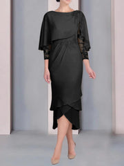 Tea-Length Mother of the Bride Dress with Scoop Neck Short Sleeves and Appliqued Lace