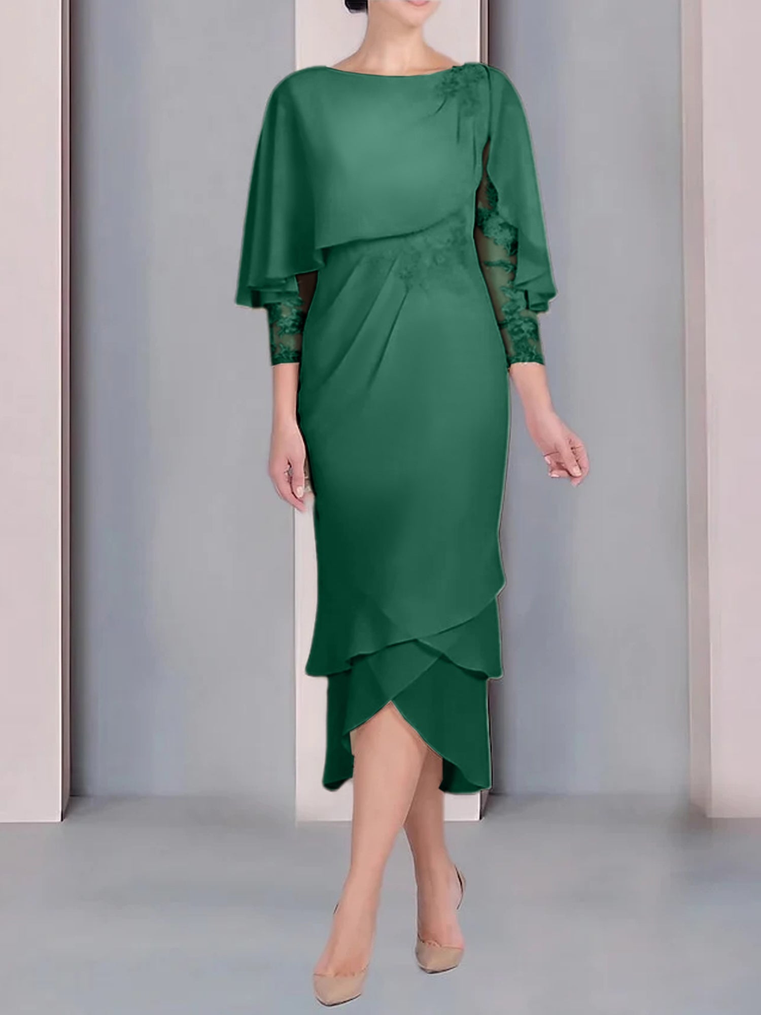 Tea-Length Mother of the Bride Dress with Scoop Neck Short Sleeves and Appliqued Lace