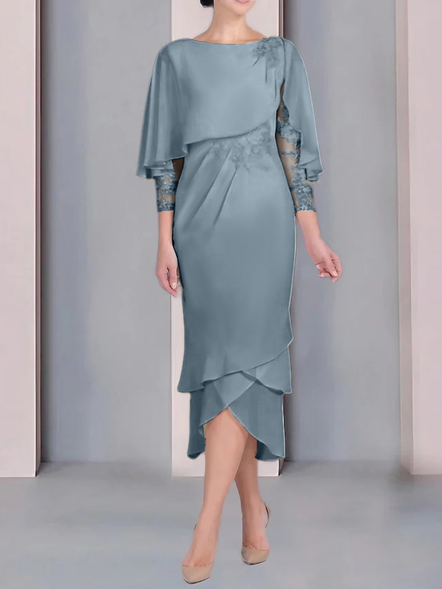 Tea-Length Mother of the Bride Dress with Scoop Neck Short Sleeves and Appliqued Lace