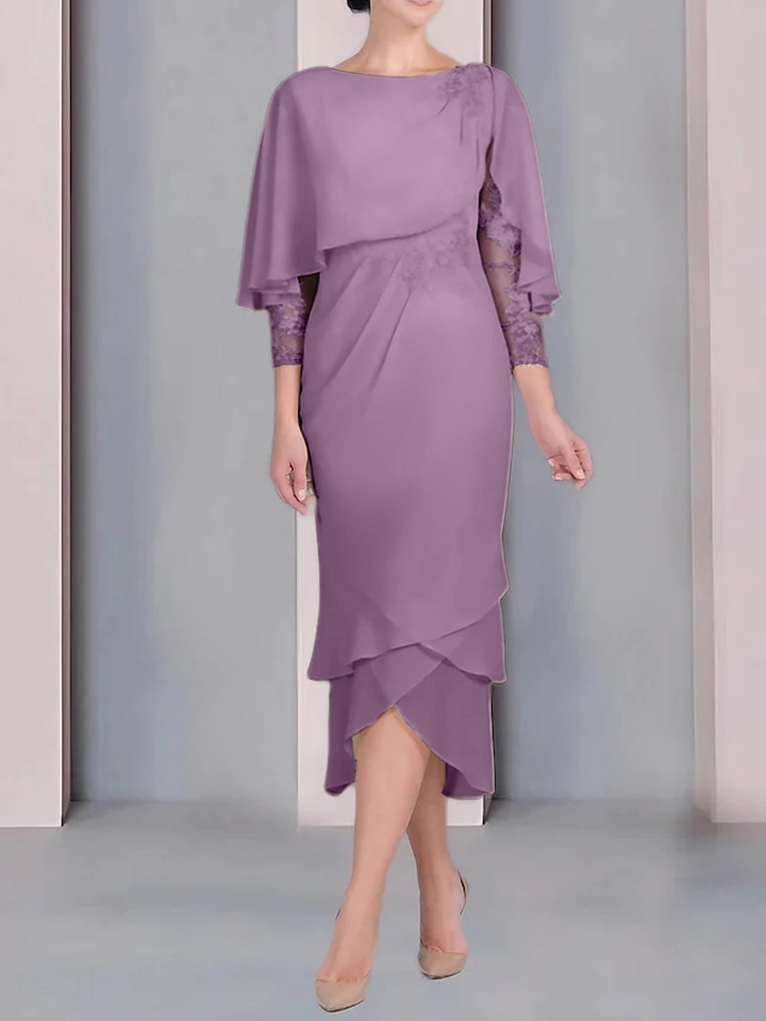 Tea-Length Mother of the Bride Dress with Scoop Neck Short Sleeves and Appliqued Lace