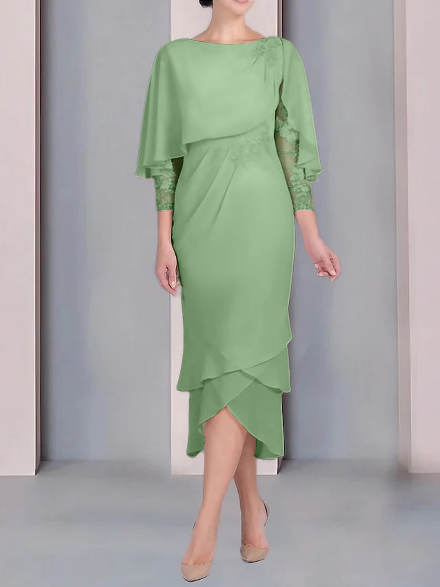 Tea-Length Mother of the Bride Dress with Scoop Neck Short Sleeves and Appliqued Lace