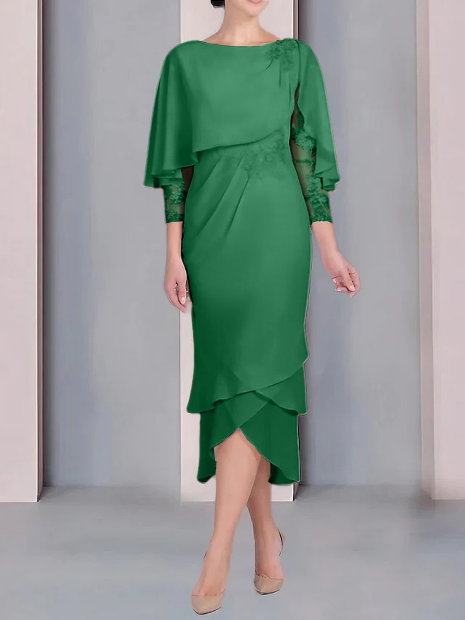 Tea-Length Mother of the Bride Dress with Scoop Neck Short Sleeves and Appliqued Lace