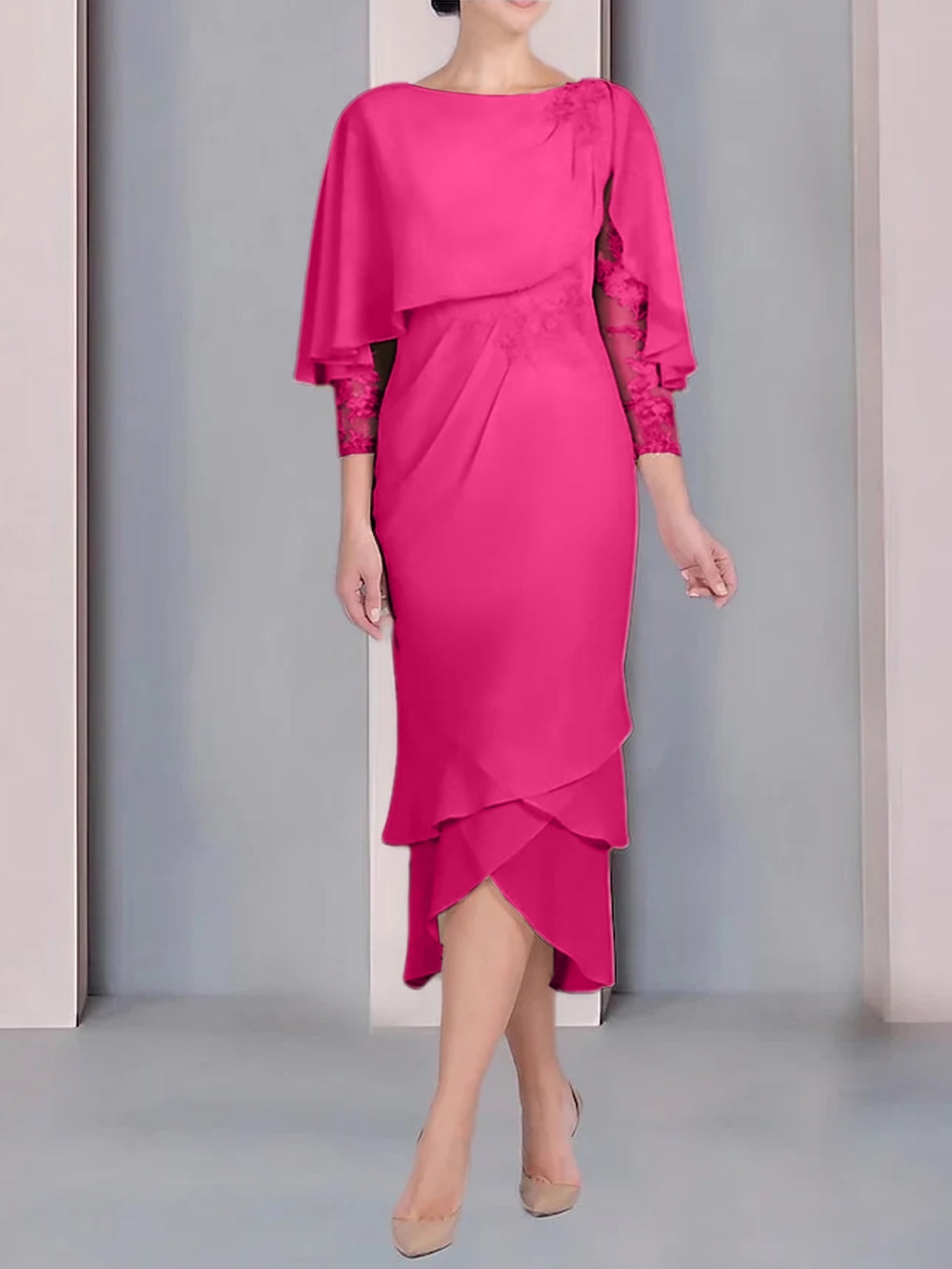 Tea-Length Mother of the Bride Dress with Scoop Neck Short Sleeves and Appliqued Lace