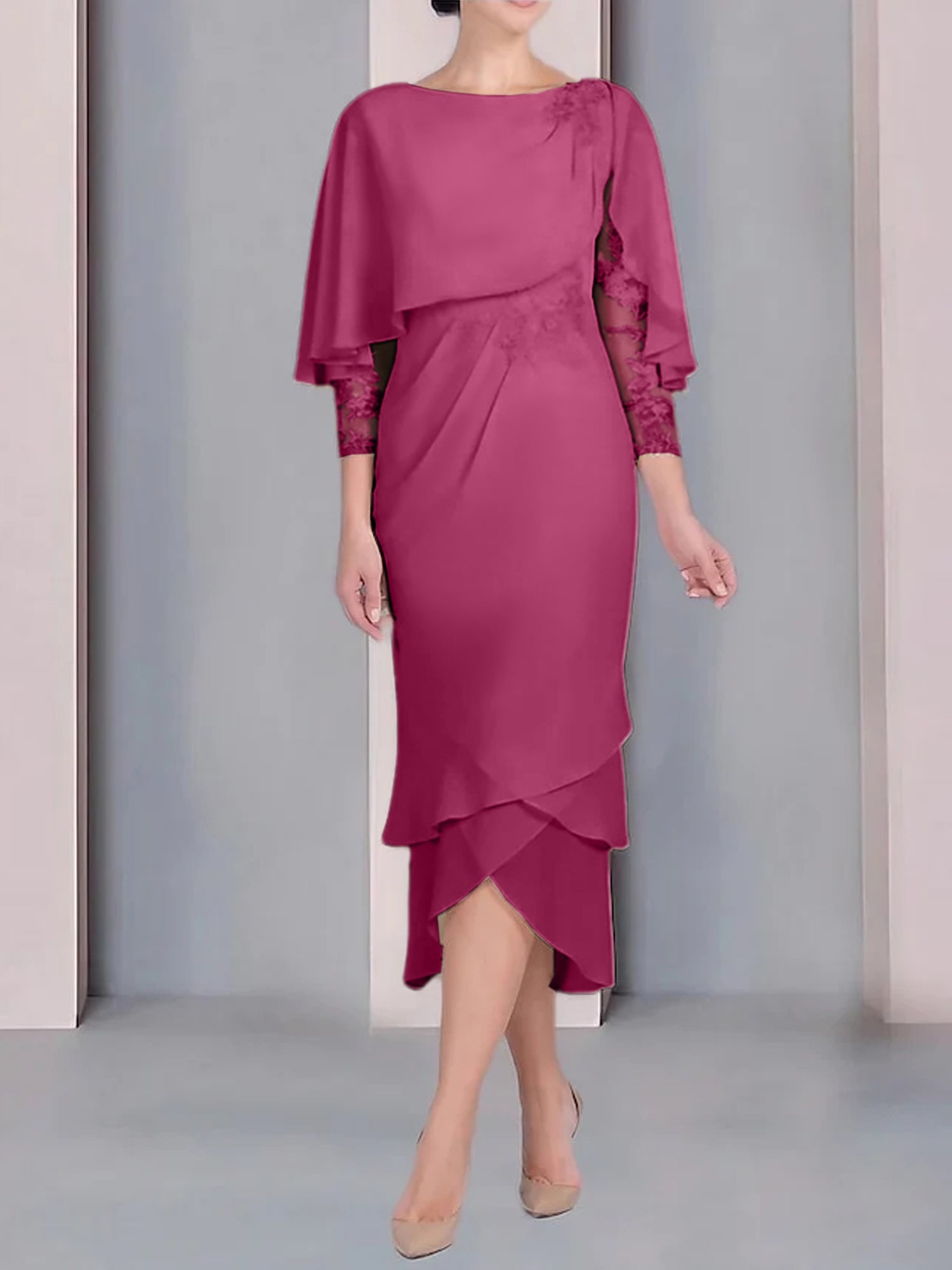 Tea-Length Mother of the Bride Dress with Scoop Neck Short Sleeves and Appliqued Lace