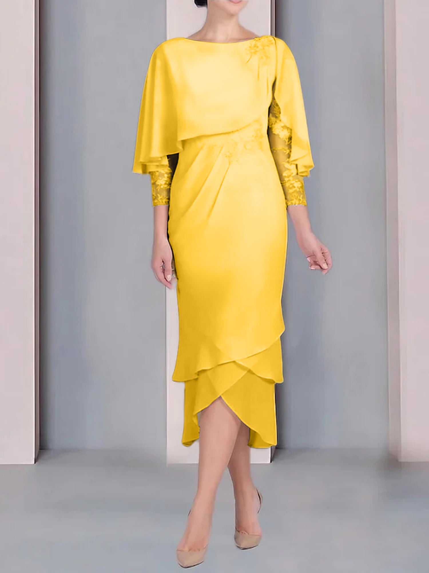 Tea-Length Mother of the Bride Dress with Scoop Neck Short Sleeves and Appliqued Lace