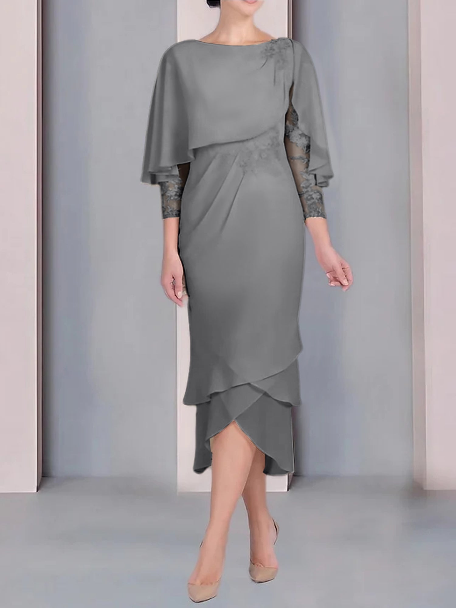 Tea-Length Mother of the Bride Dress with Scoop Neck Short Sleeves and Appliqued Lace