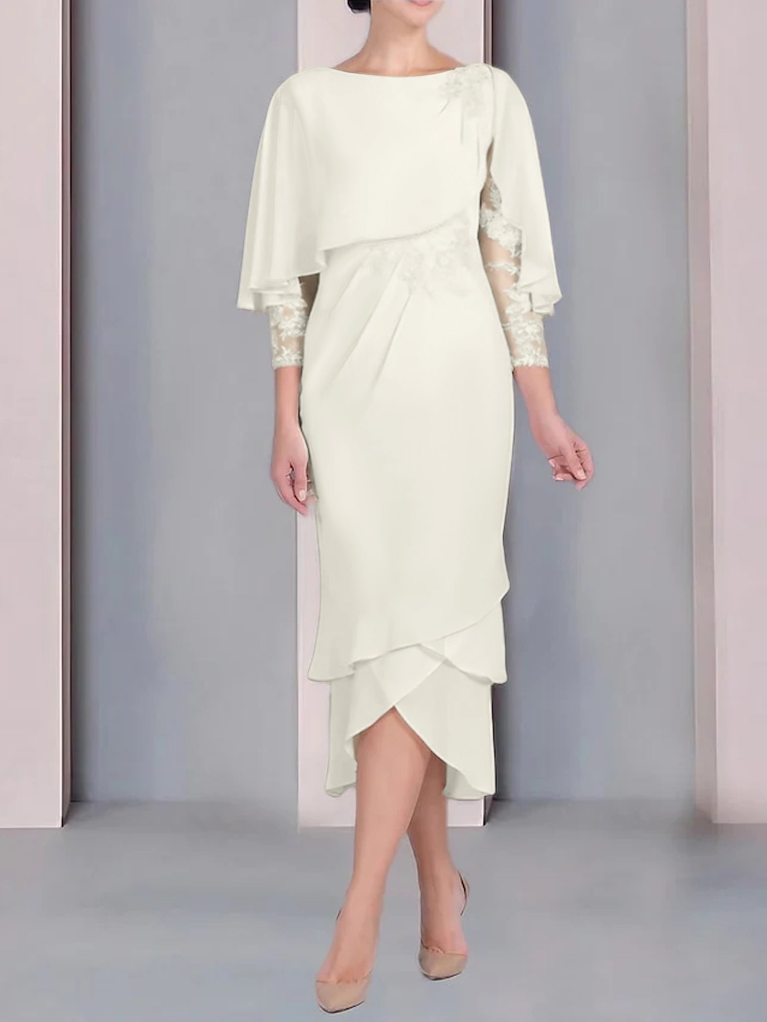 Tea-Length Mother of the Bride Dress with Scoop Neck Short Sleeves and Appliqued Lace