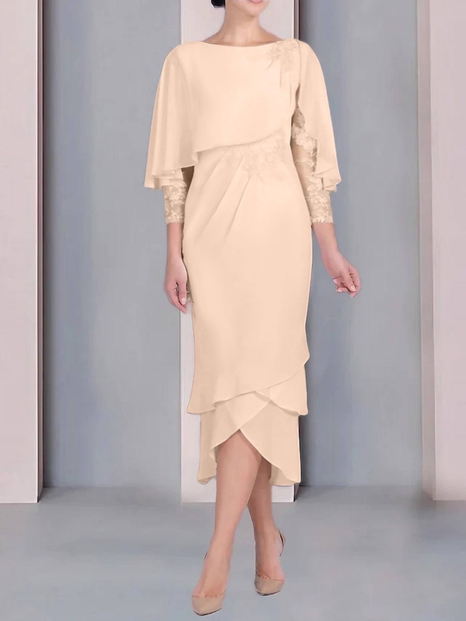 Tea-Length Mother of the Bride Dress with Scoop Neck Short Sleeves and Appliqued Lace