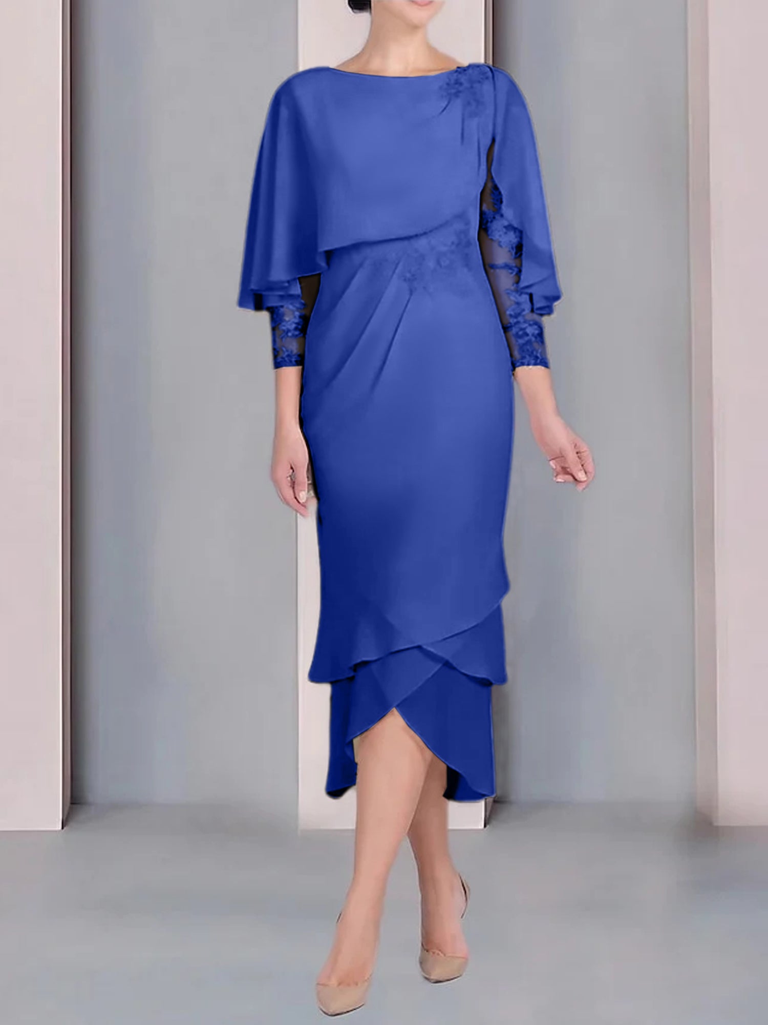 Tea-Length Mother of the Bride Dress with Scoop Neck Short Sleeves and Appliqued Lace