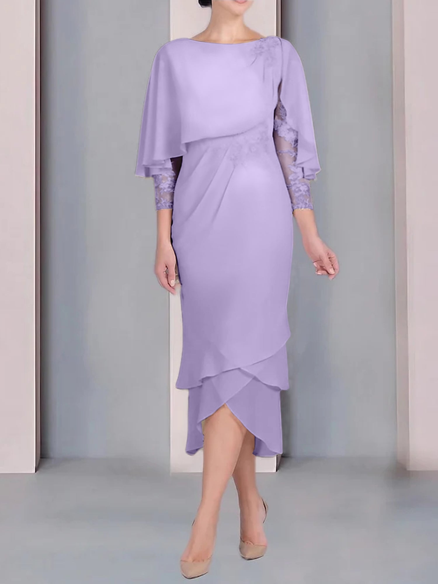 Tea-Length Mother of the Bride Dress with Scoop Neck Short Sleeves and Appliqued Lace