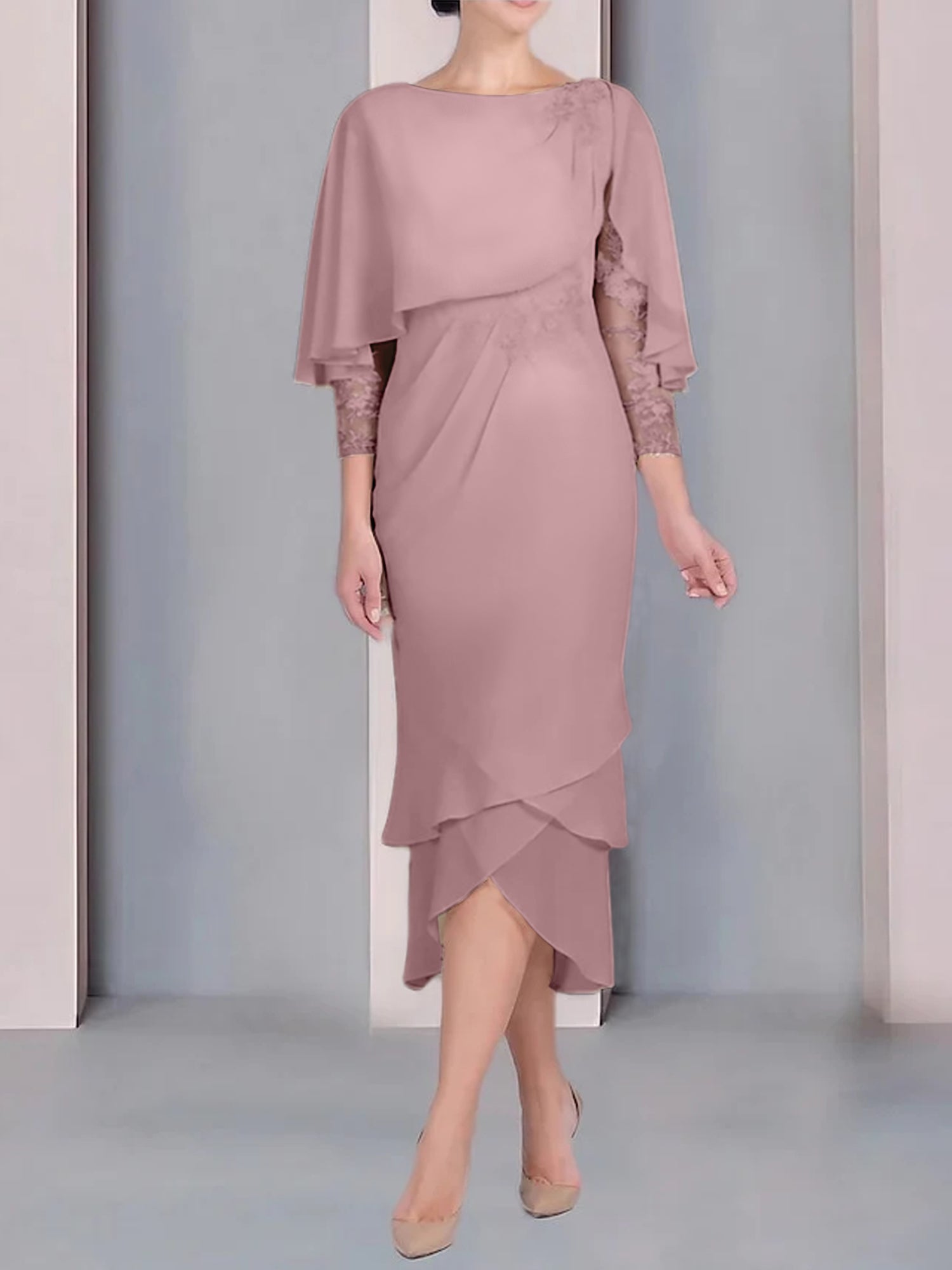 Tea-Length Mother of the Bride Dress with Scoop Neck Short Sleeves and Appliqued Lace