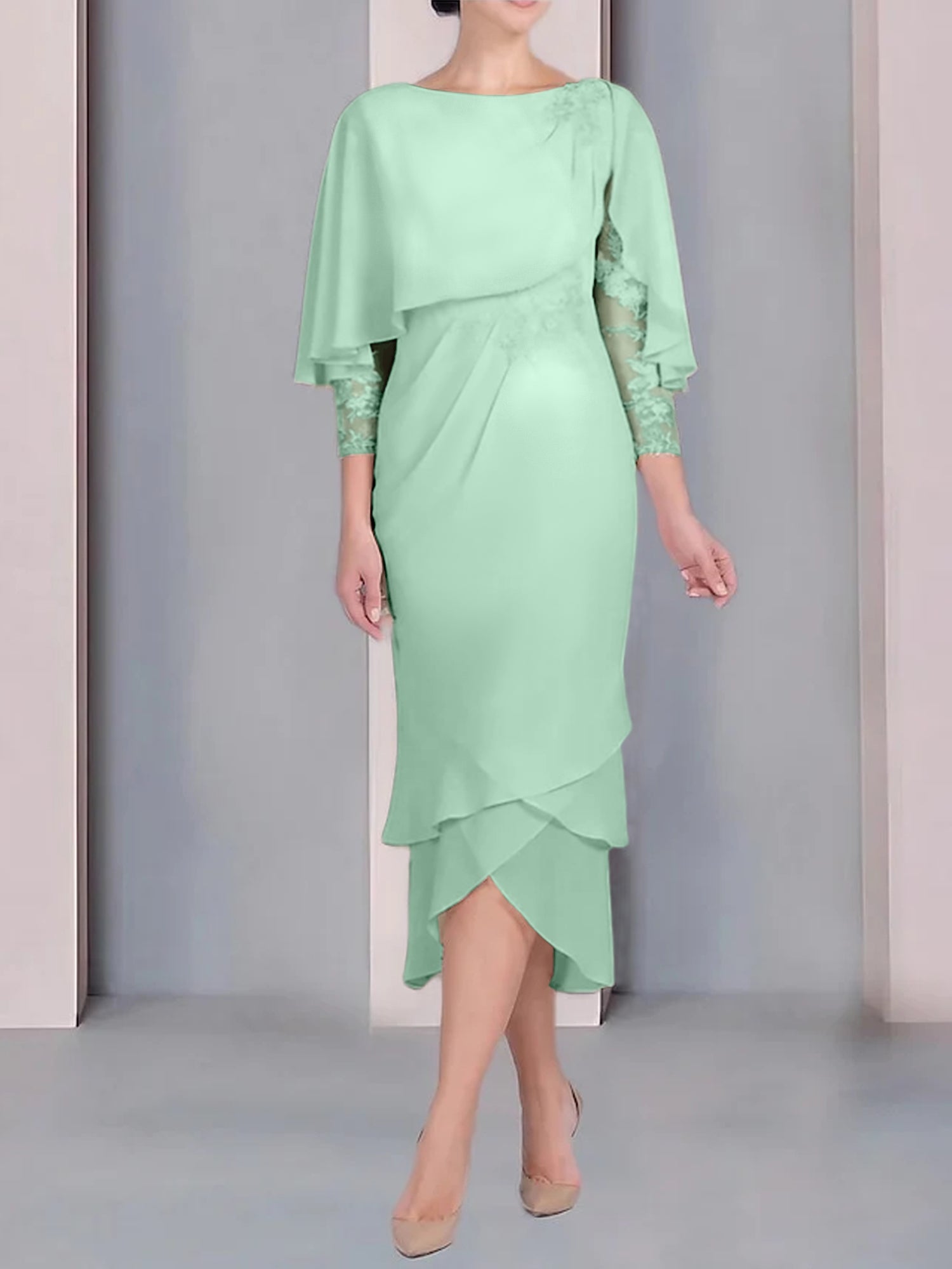 Tea-Length Mother of the Bride Dress with Scoop Neck Short Sleeves and Appliqued Lace