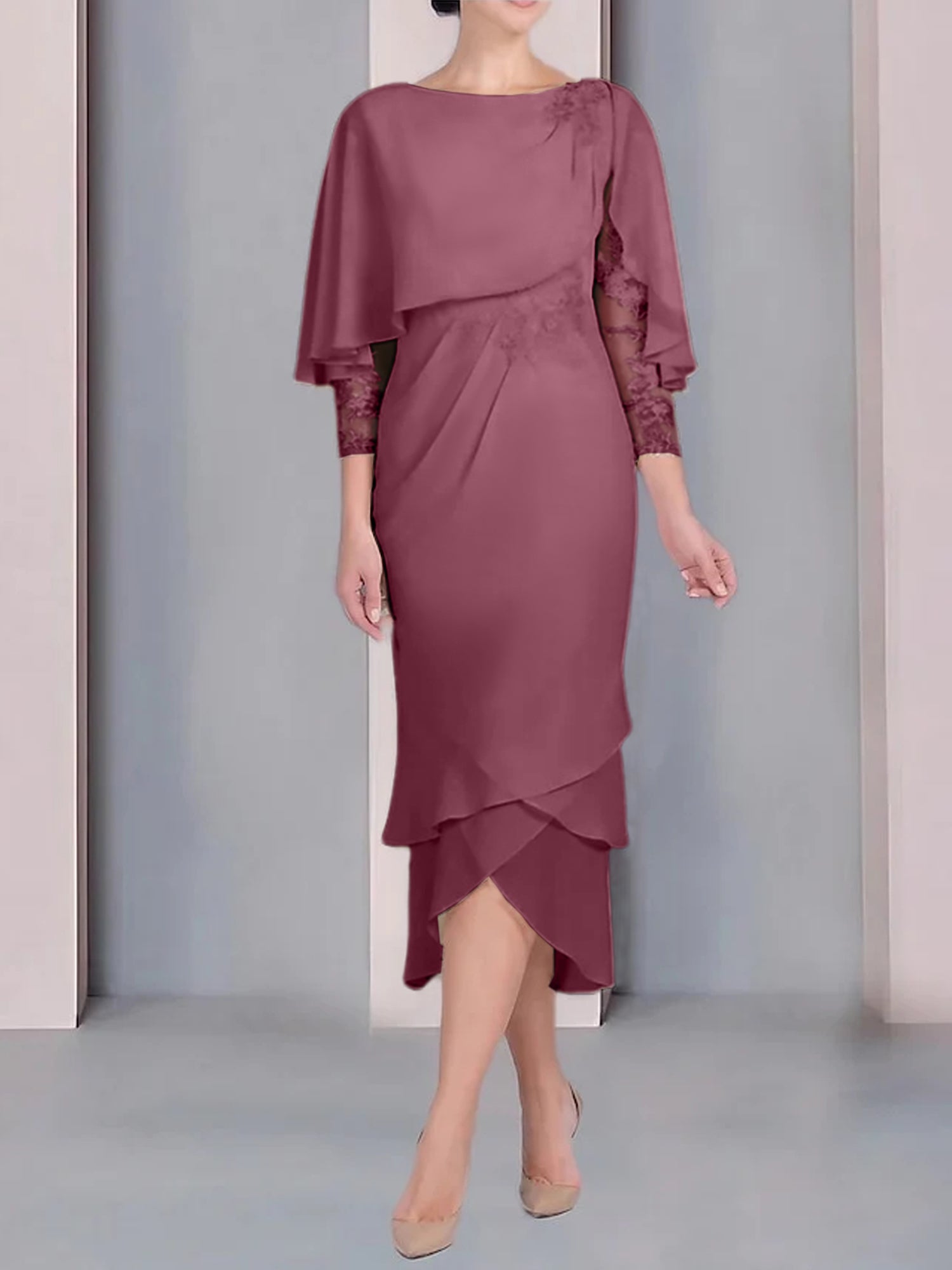 Tea-Length Mother of the Bride Dress with Scoop Neck Short Sleeves and Appliqued Lace