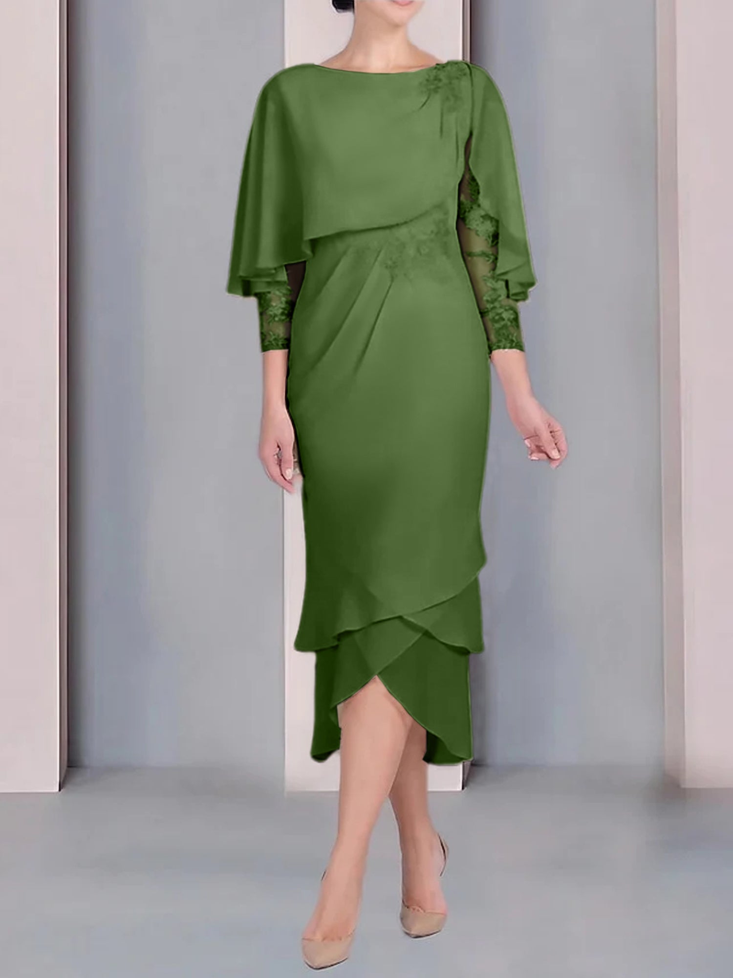 Tea-Length Mother of the Bride Dress with Scoop Neck Short Sleeves and Appliqued Lace