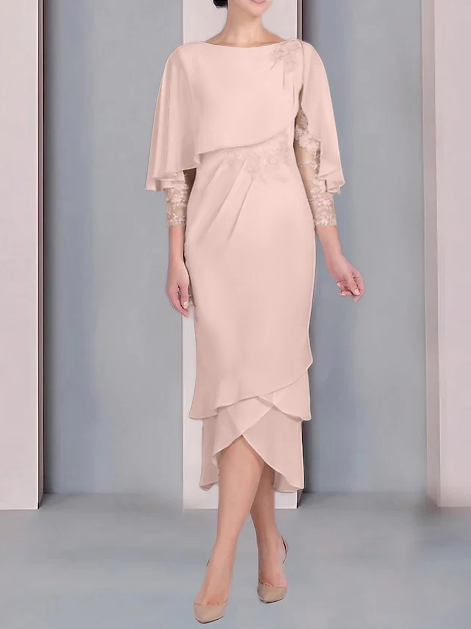 Tea-Length Mother of the Bride Dress with Scoop Neck Short Sleeves and Appliqued Lace