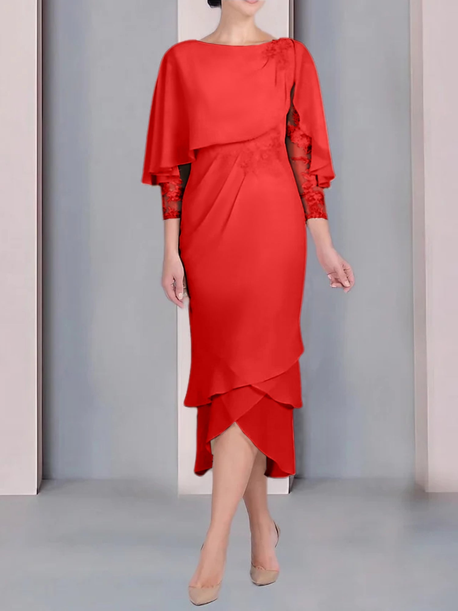 Tea-Length Mother of the Bride Dress with Scoop Neck Short Sleeves and Appliqued Lace