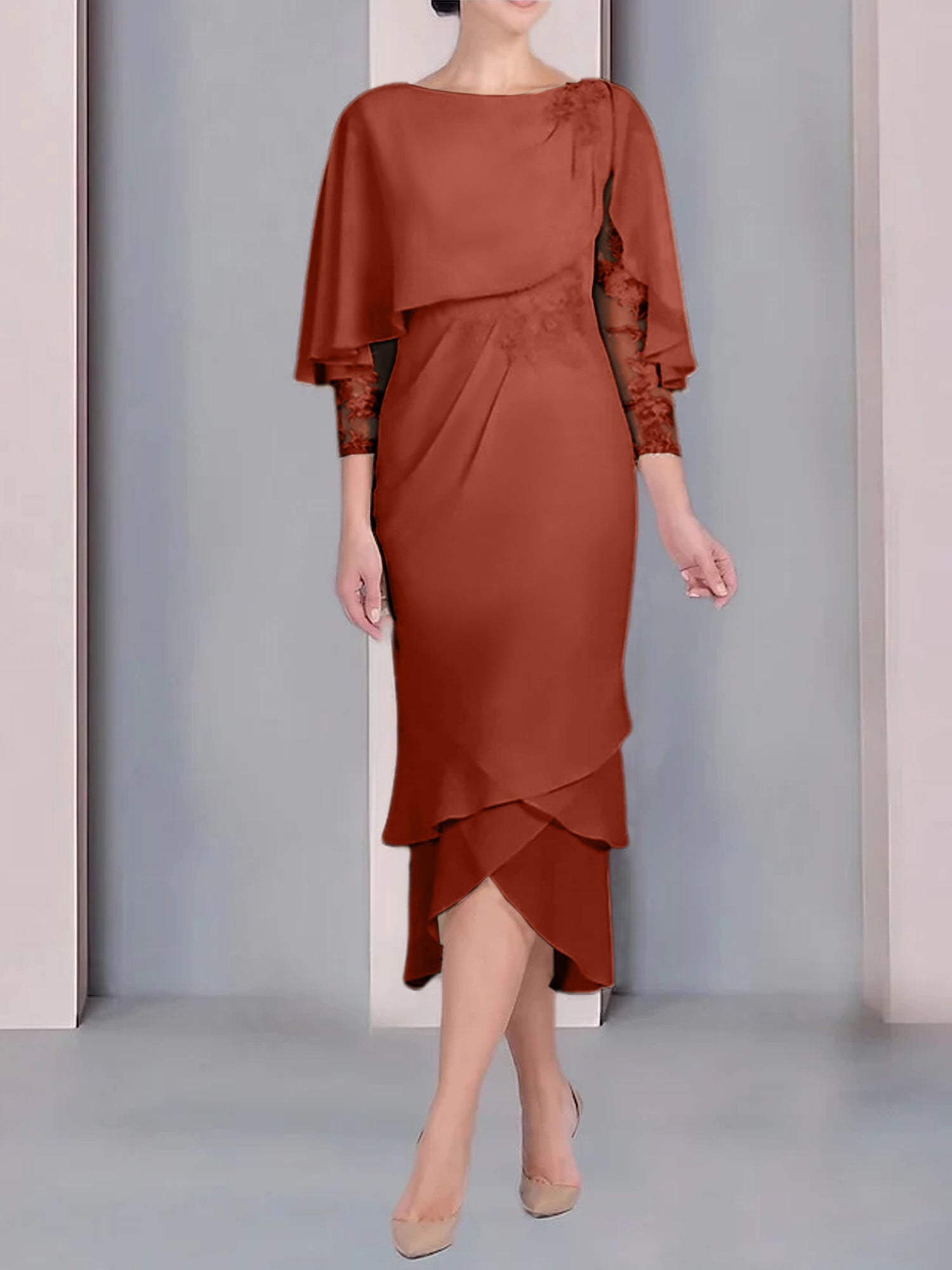 Tea-Length Mother of the Bride Dress with Scoop Neck Short Sleeves and Appliqued Lace