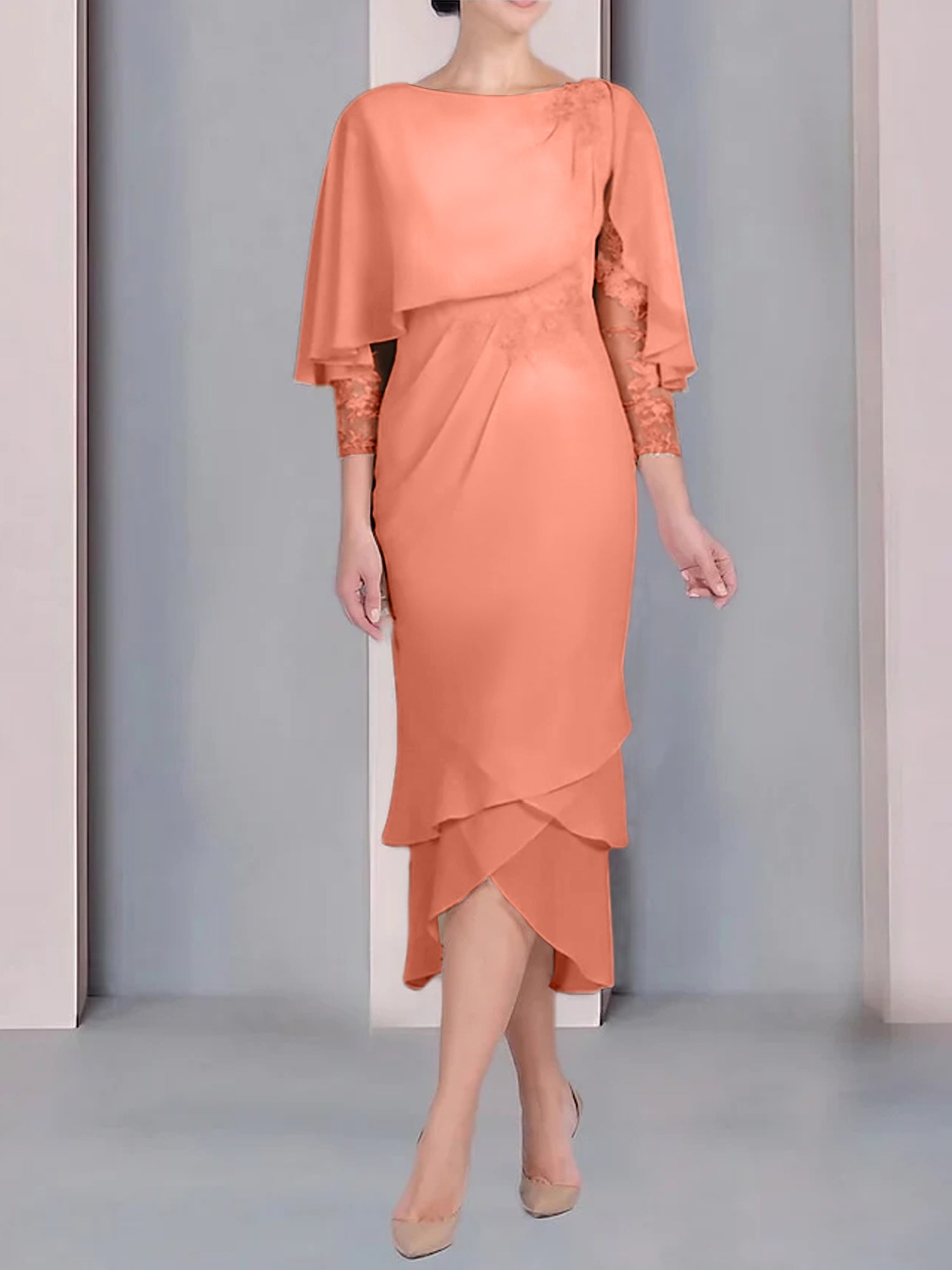 Tea-Length Mother of the Bride Dress with Scoop Neck Short Sleeves and Appliqued Lace