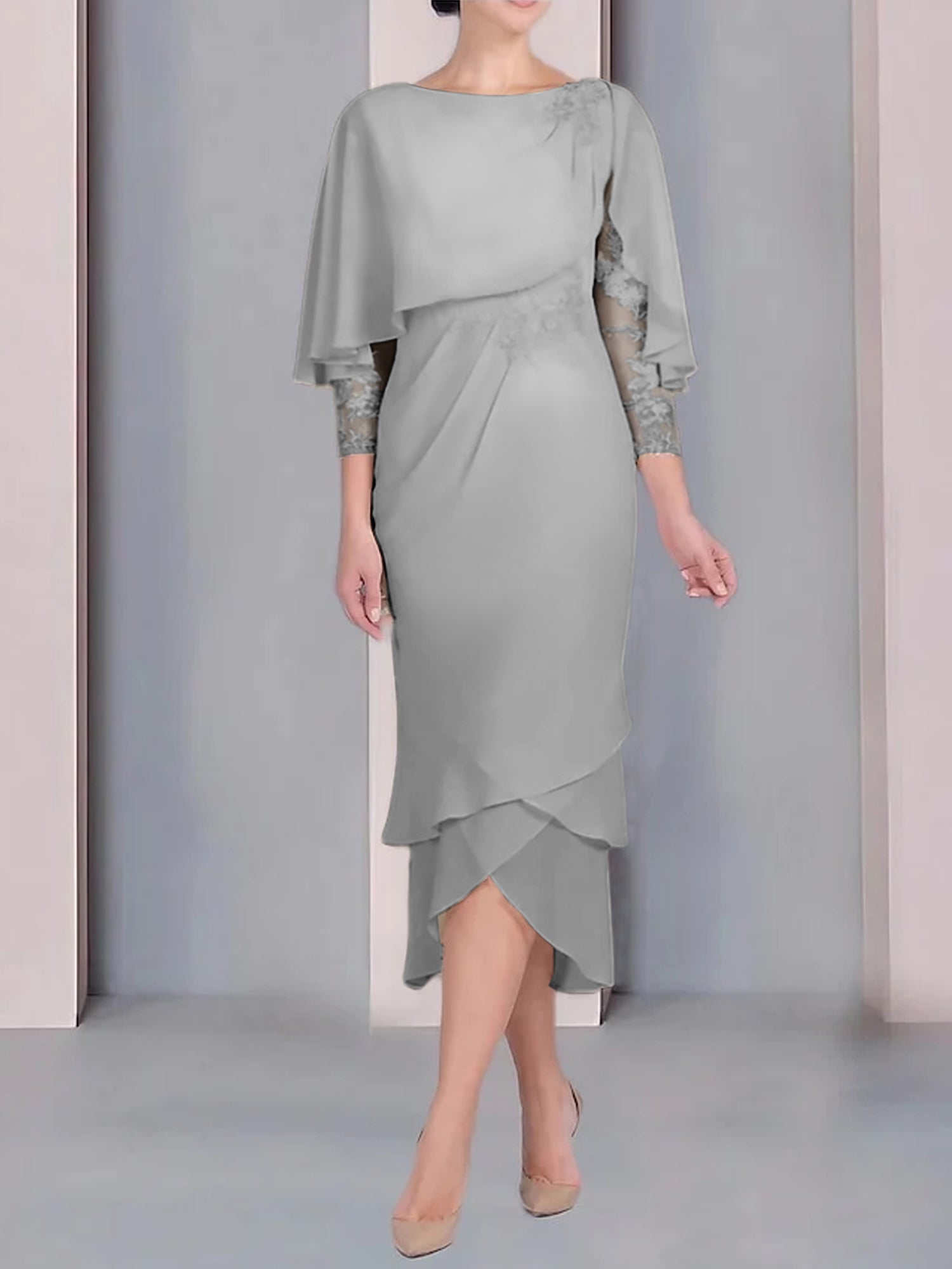 Tea-Length Mother of the Bride Dress with Scoop Neck Short Sleeves and Appliqued Lace