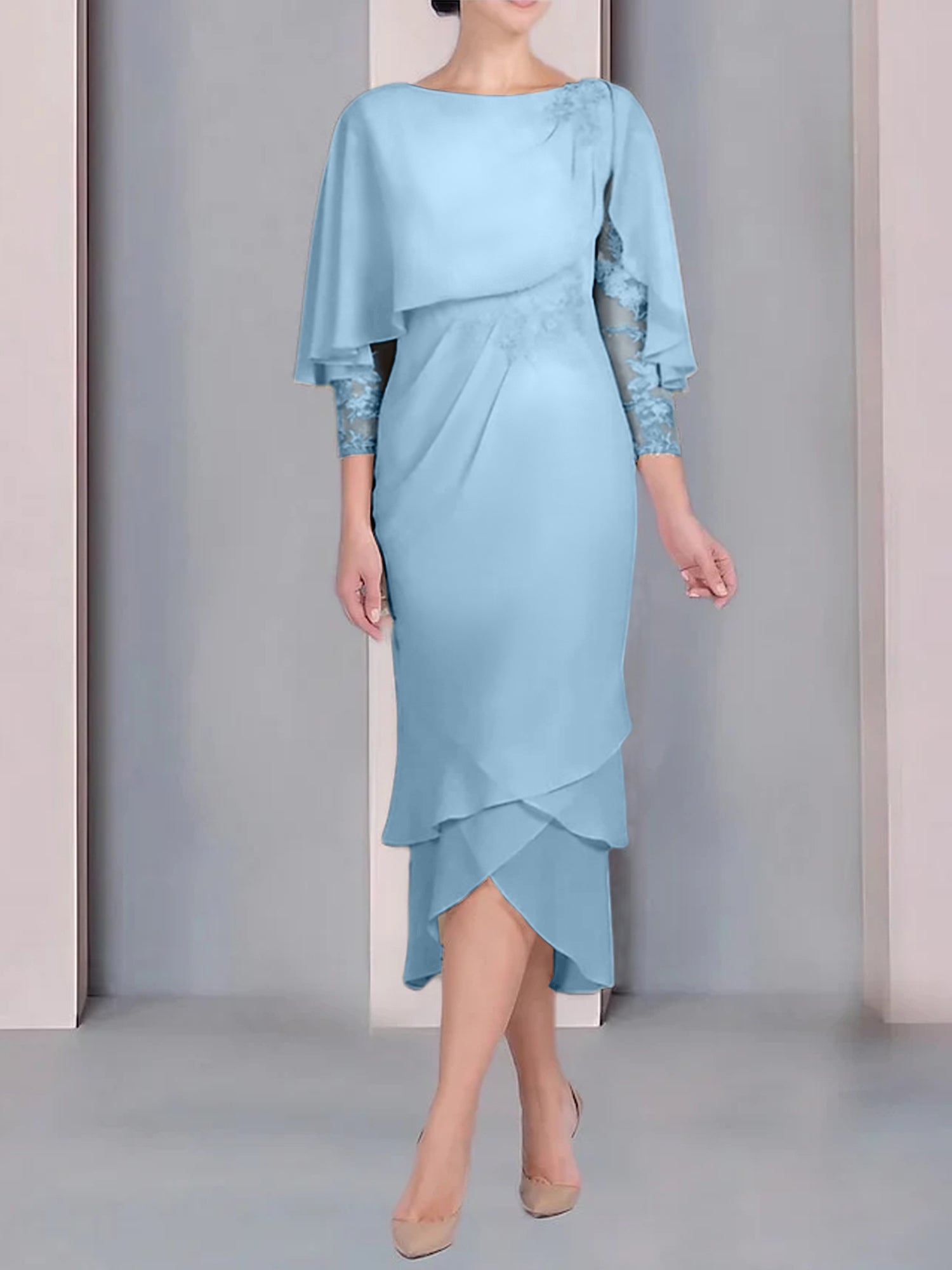 Tea-Length Mother of the Bride Dress with Scoop Neck Short Sleeves and Appliqued Lace