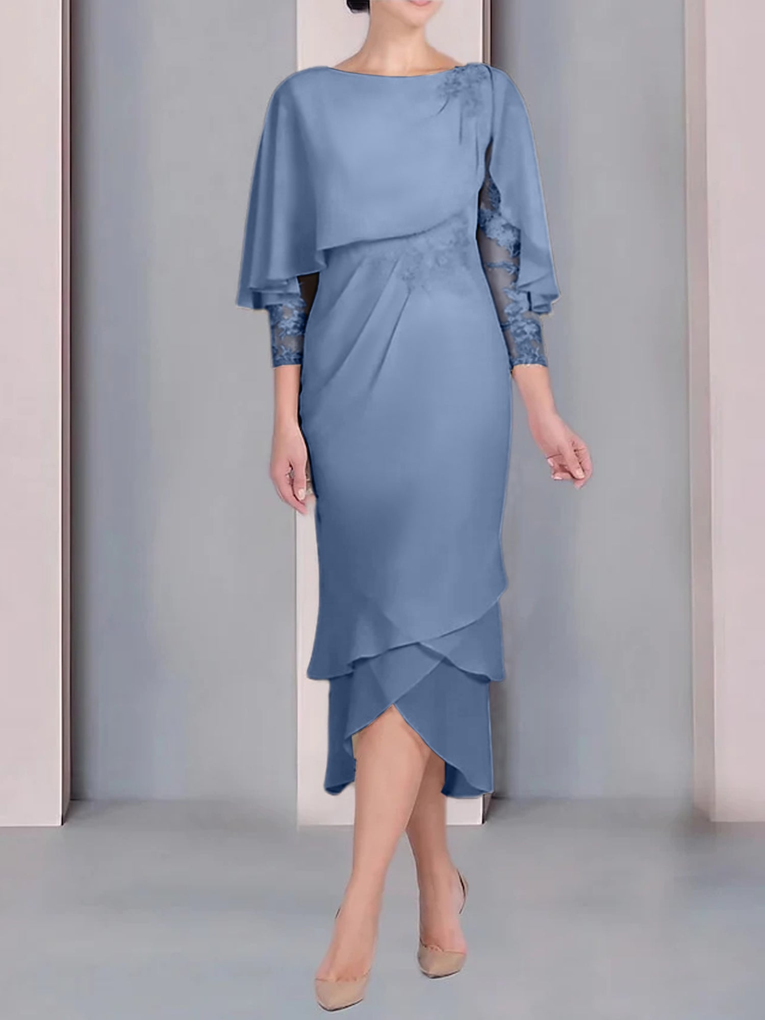 Tea-Length Mother of the Bride Dress with Scoop Neck Short Sleeves and Appliqued Lace